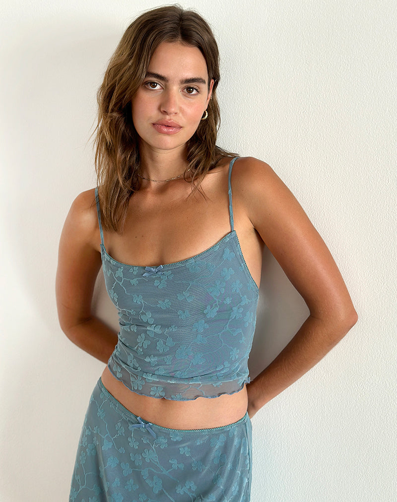 Deri Cami Top in Grunge Floral Blue Grey-Nico Sky