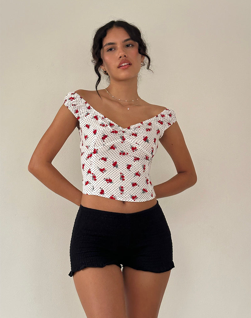 Derige Bardot Top in White Rose Polka-Nico Sky