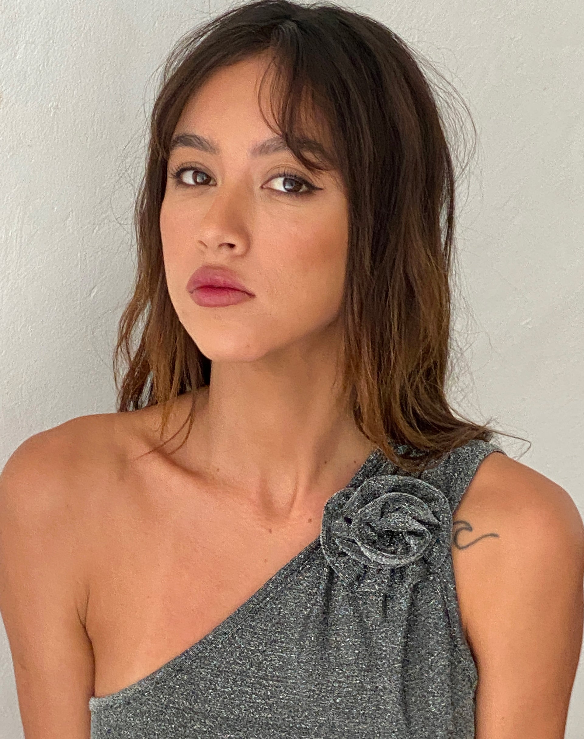 Derse One Shoulder Top in Silver with Rosette-Nico Sky