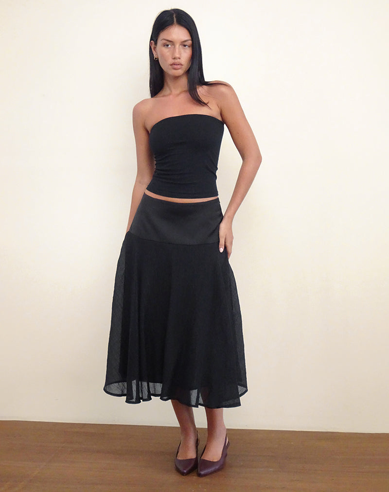 Diera Satin Chiffon Midi Skirt in Black-Nico Sky