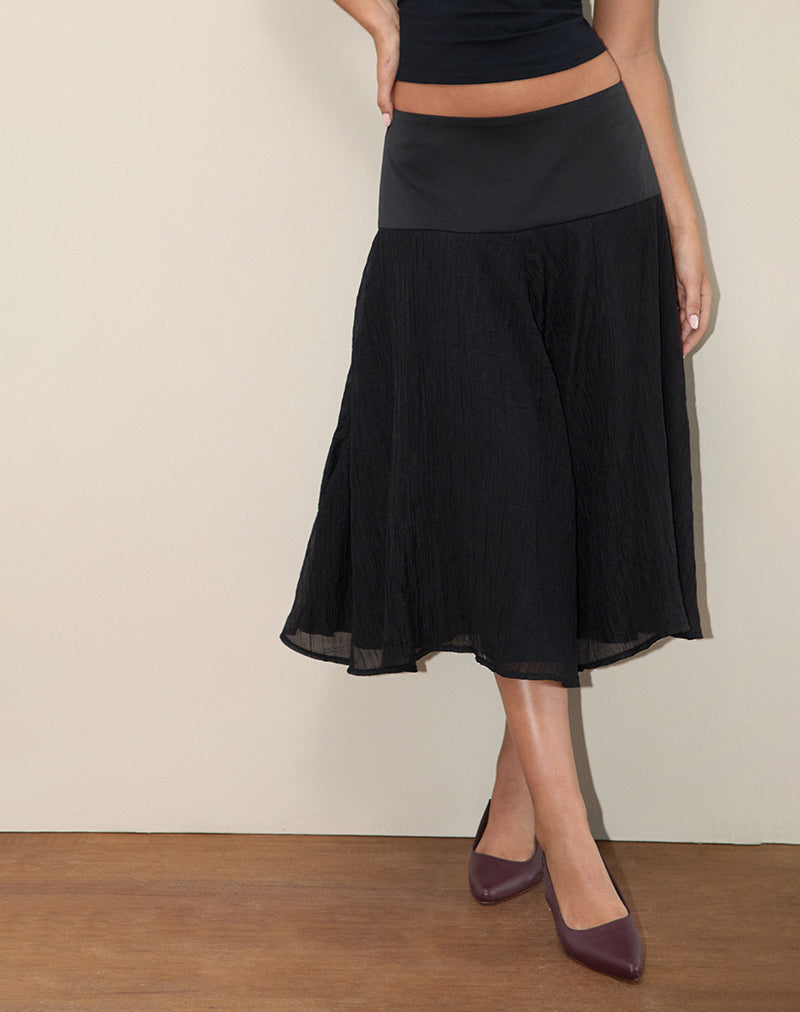 Diera Satin Chiffon Midi Skirt in Black-Nico Sky