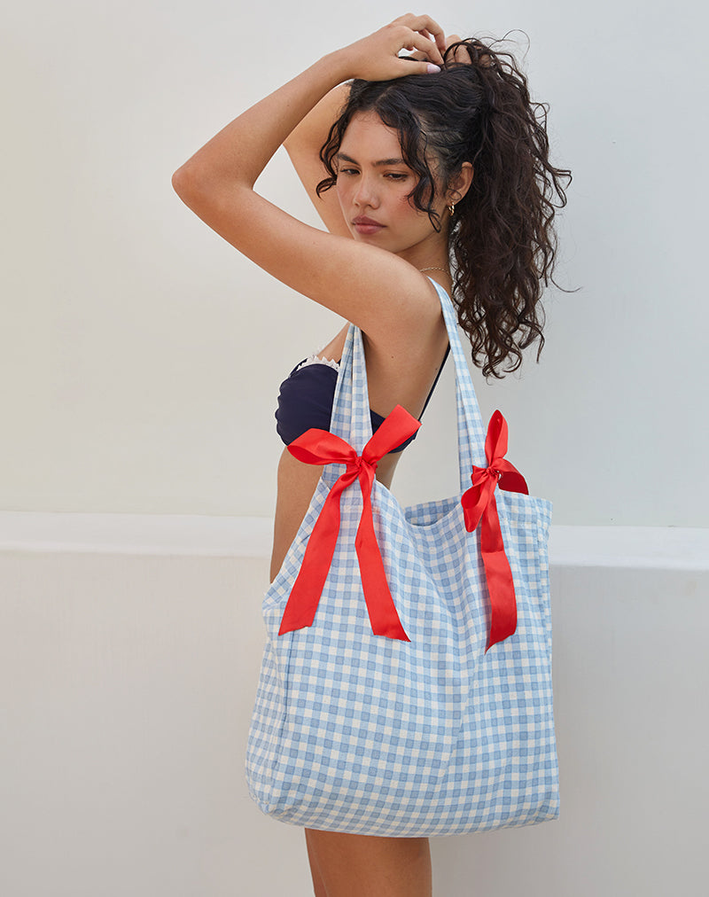 Barbara Tote Bag in Blue Gingham with Red Bow-Nico Sky