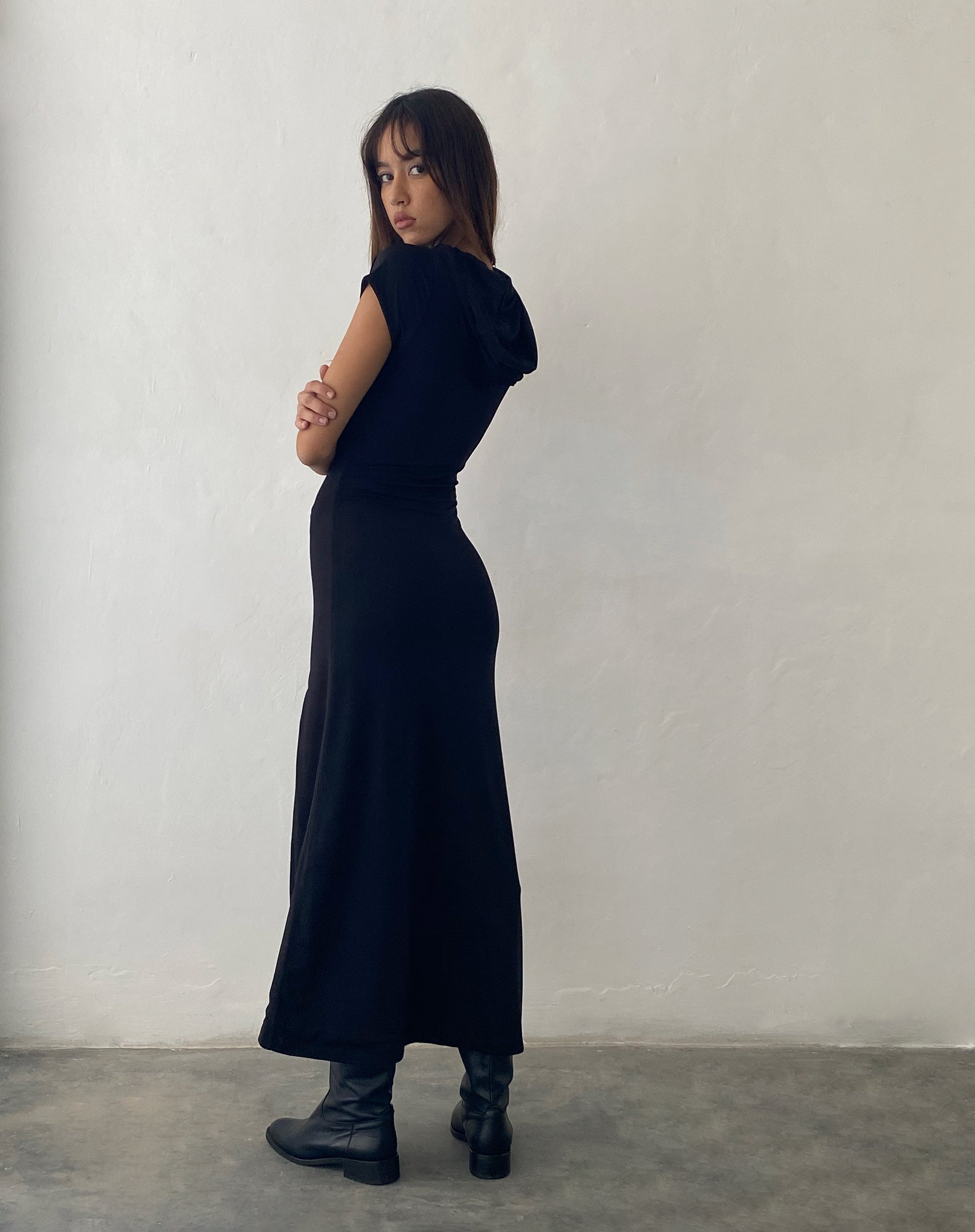 Dixie Hooded Maxi Dress in Slinky Black-Nico Sky
