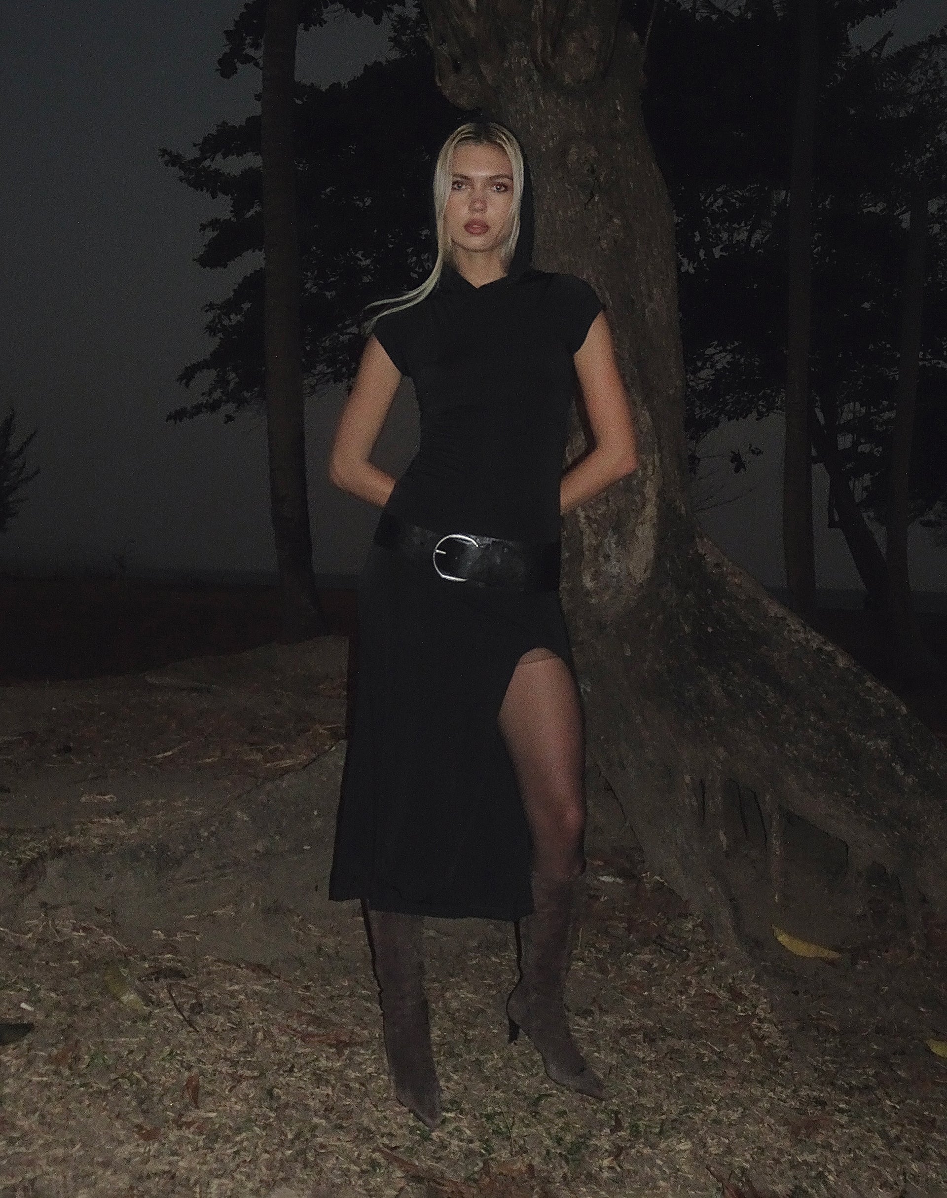 Dixie Hooded Maxi Dress in Slinky Black-Nico Sky