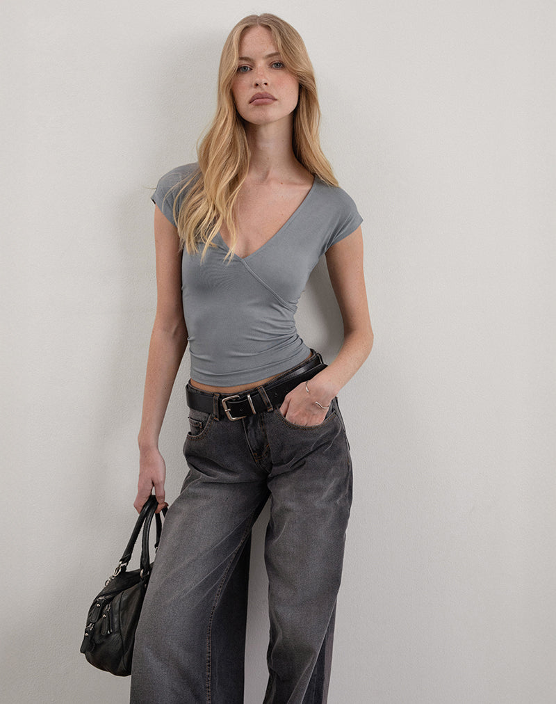 Dolores Wrap Top in Rayon Jersey Grey-Nico Sky