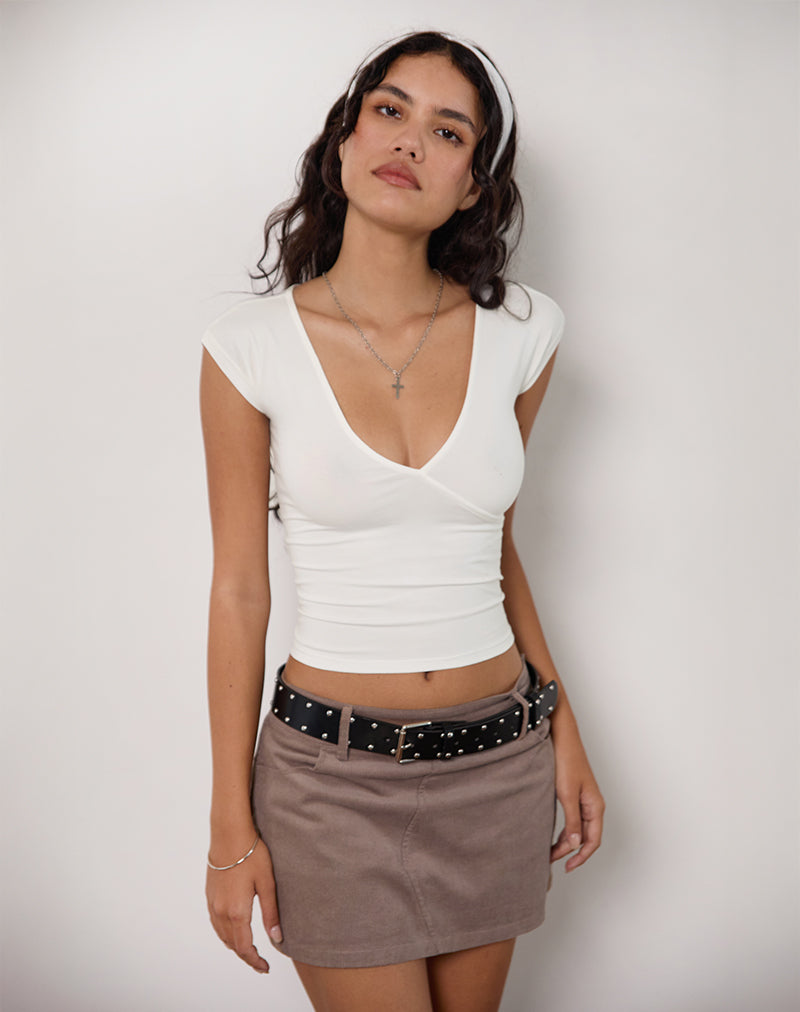 Dolores Wrap Top in Rayon Jersey Ivory-Nico Sky