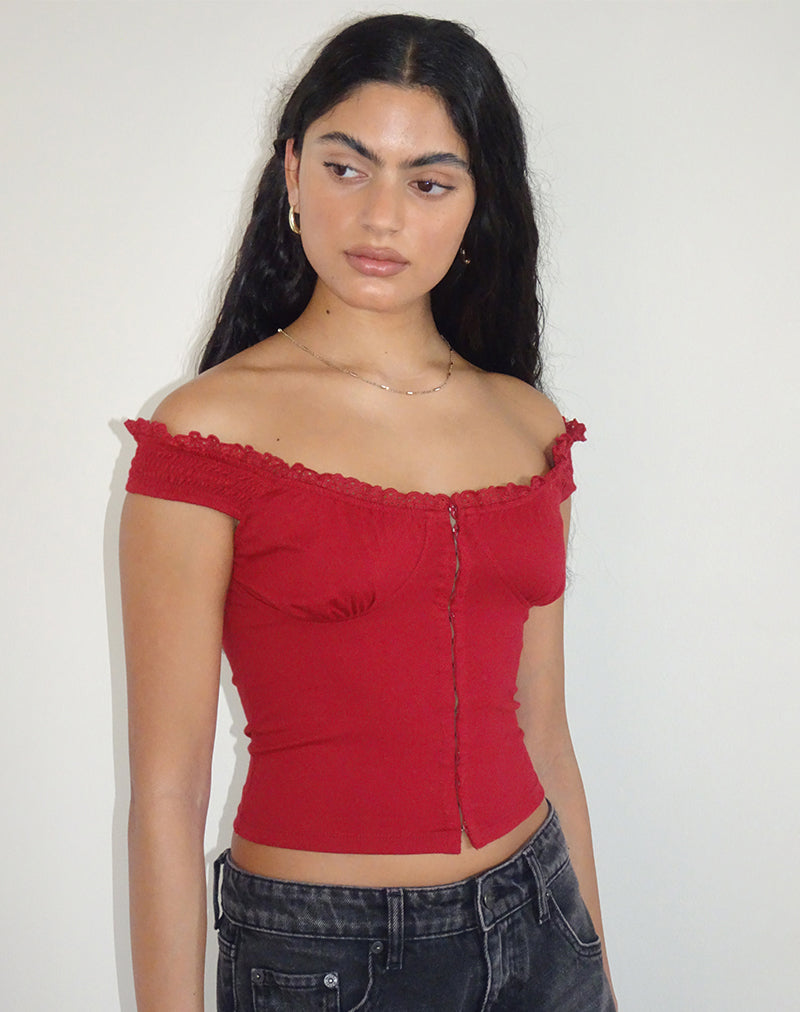 Dovica Lace Trim Corset Top in Adrenaline Red-Nico Sky