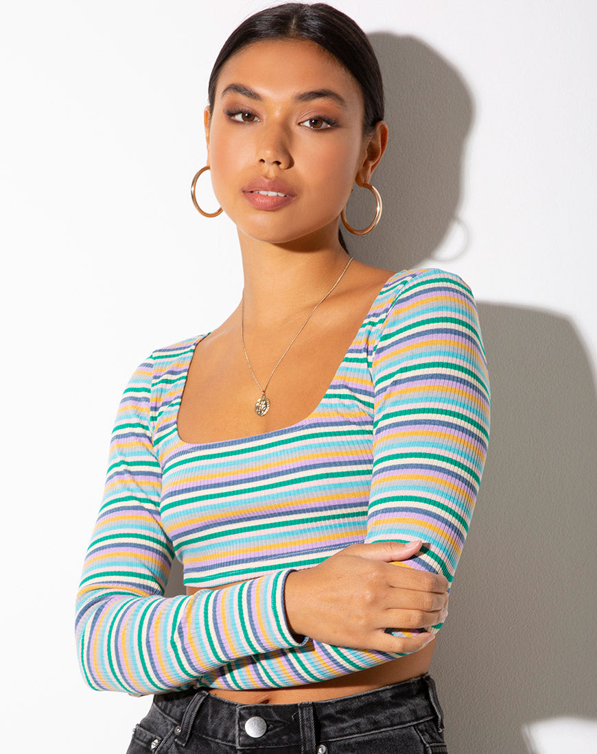 Adea Crop Top in Rib Green Purple and Yellow by Motel-Nico Sky