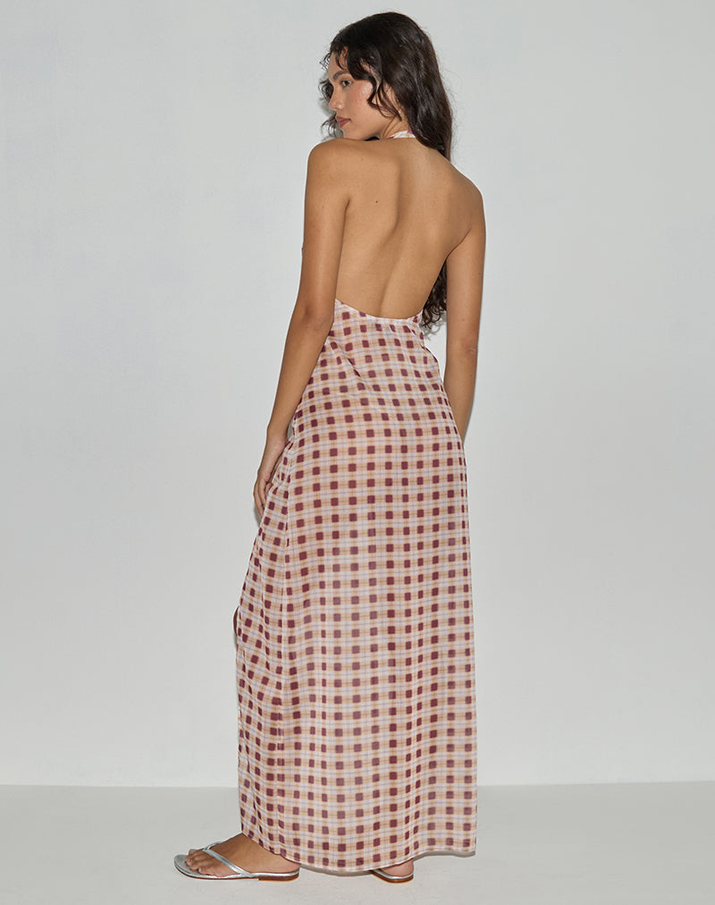Driti Maxi Dress in Chiffon Blurred Check Peach-Nico Sky