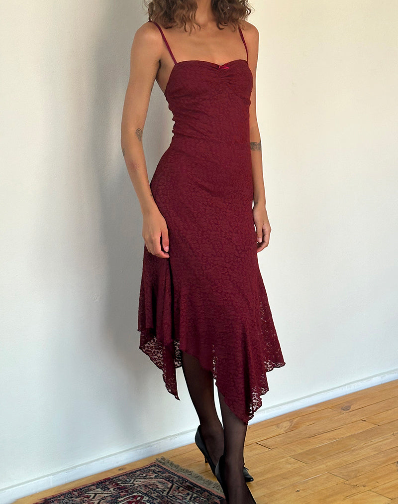 Drusilla Midi Dress in Rose Lace Burgundy-Nico Sky