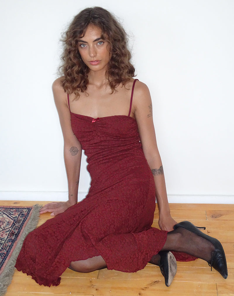 Drusilla Midi Dress in Rose Lace Burgundy-Nico Sky