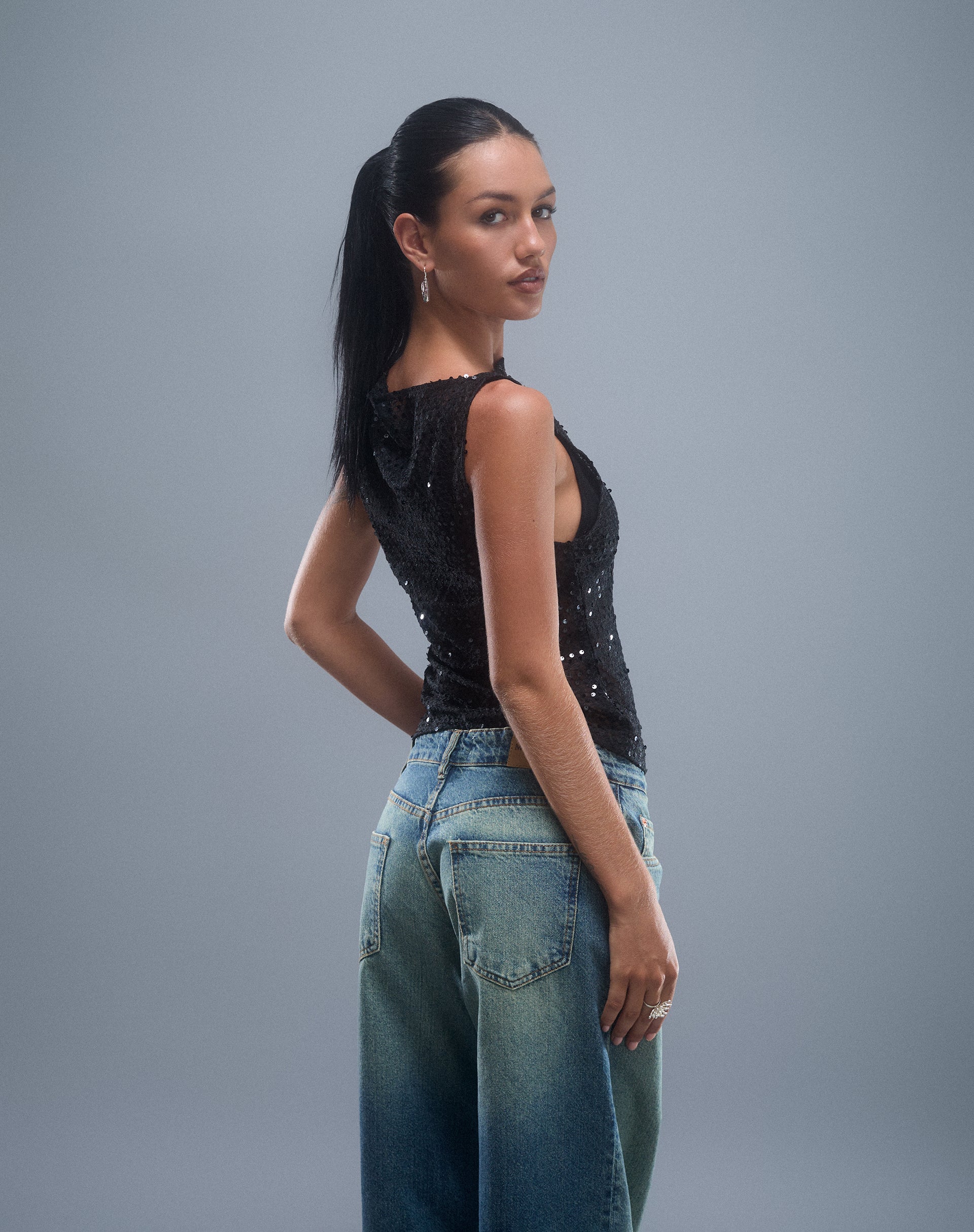 Dudley Vest Top in Sequin Knit Black-Nico Sky