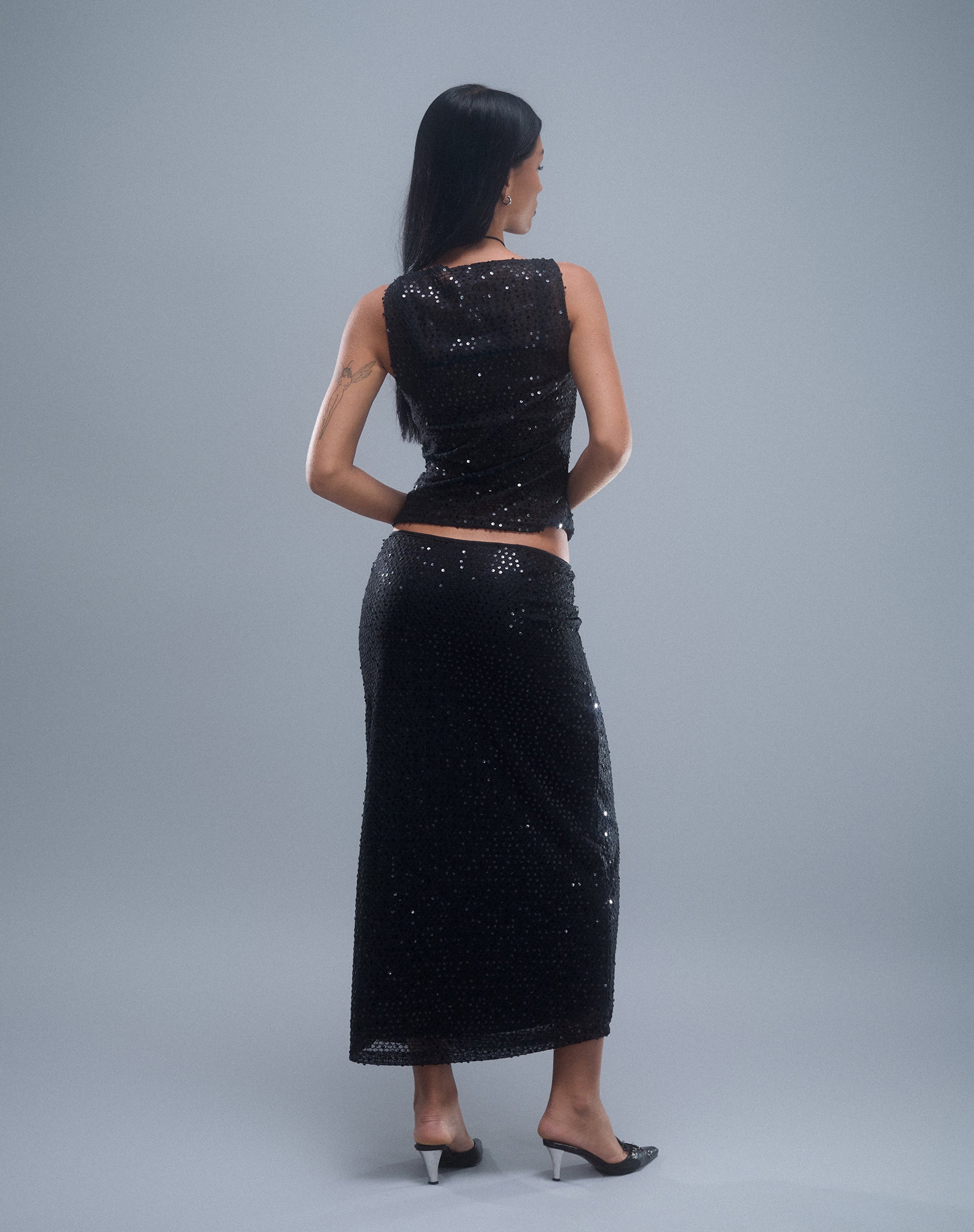 Tresha Maxi Skirt in Sequin Knit Black-Nico Sky