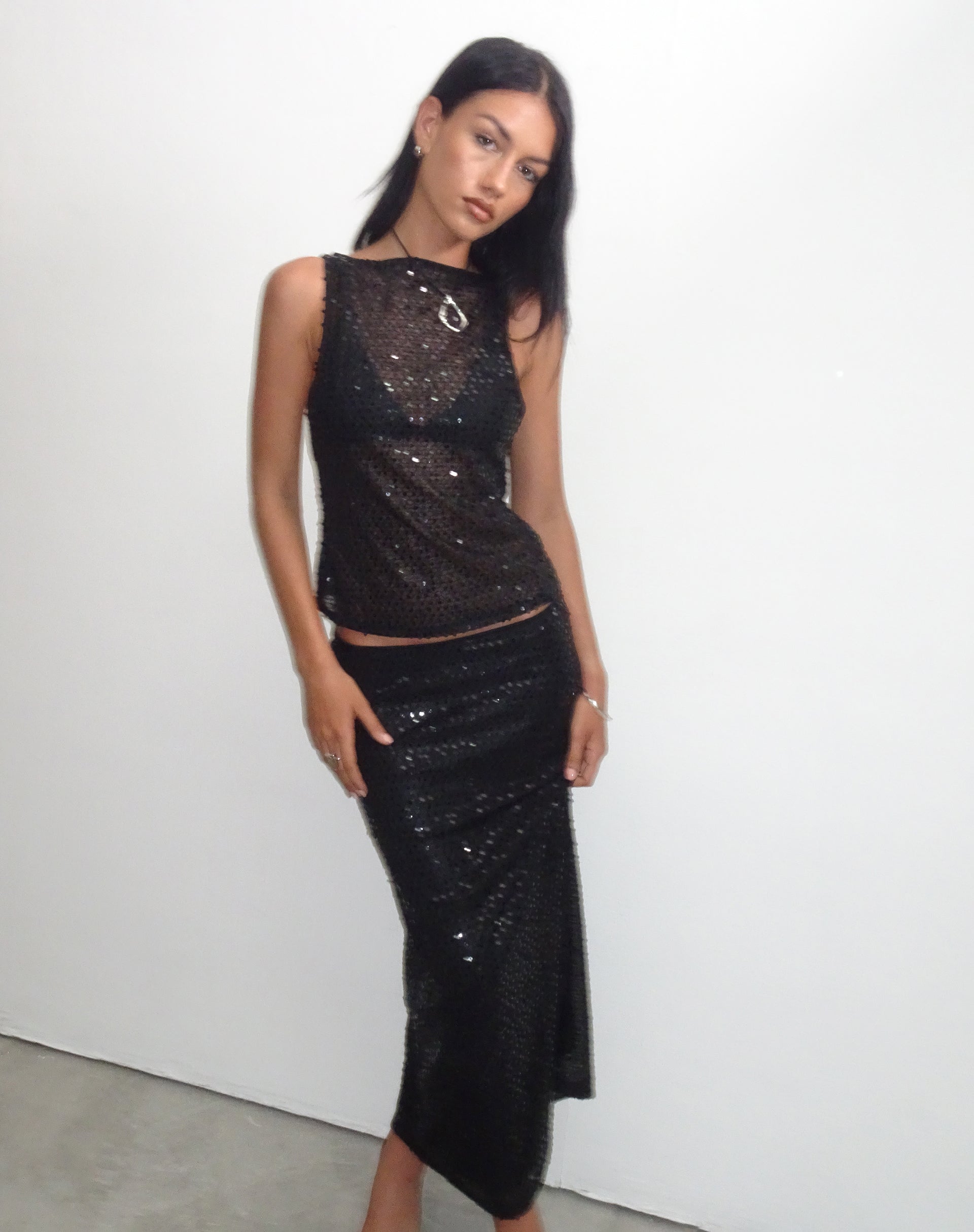 Dudley Vest Top in Sequin Knit Black-Nico Sky