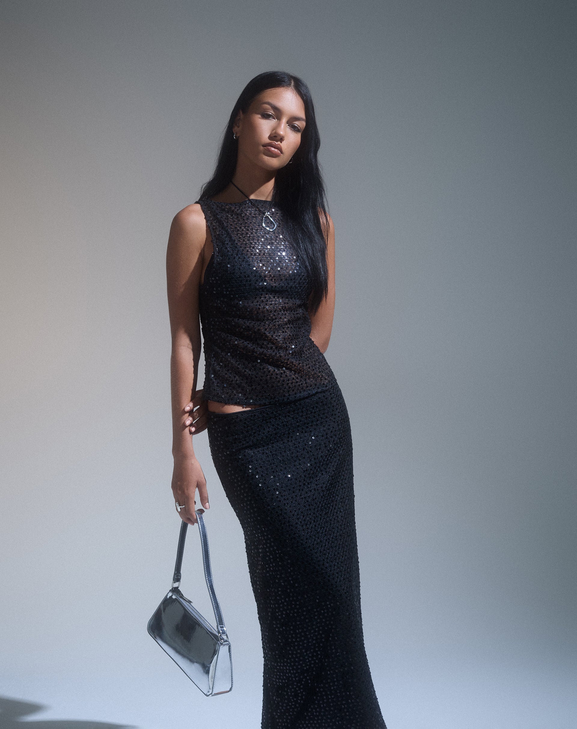 Dudley Vest Top in Sequin Knit Black-Nico Sky