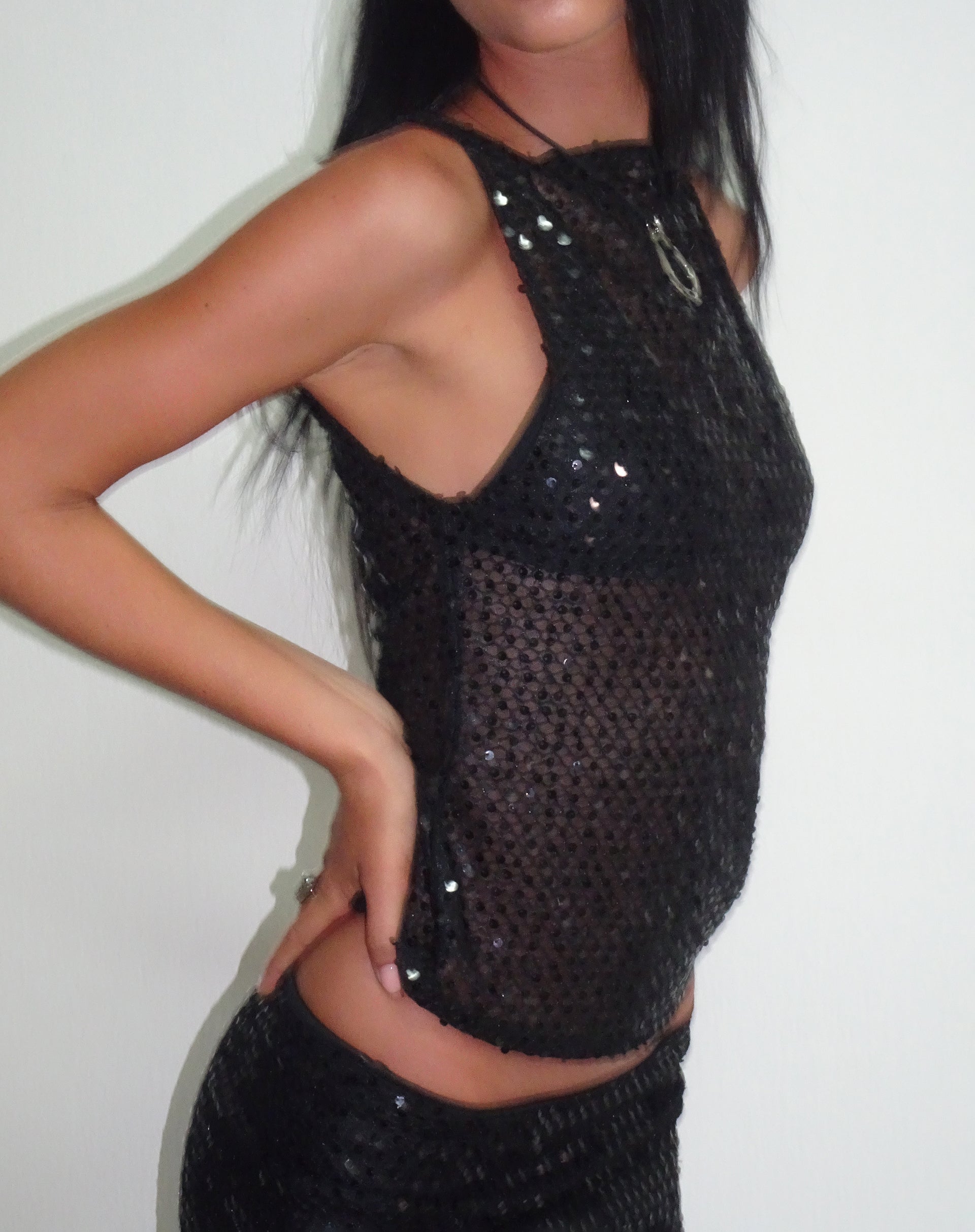 Dudley Vest Top in Sequin Knit Black-Nico Sky