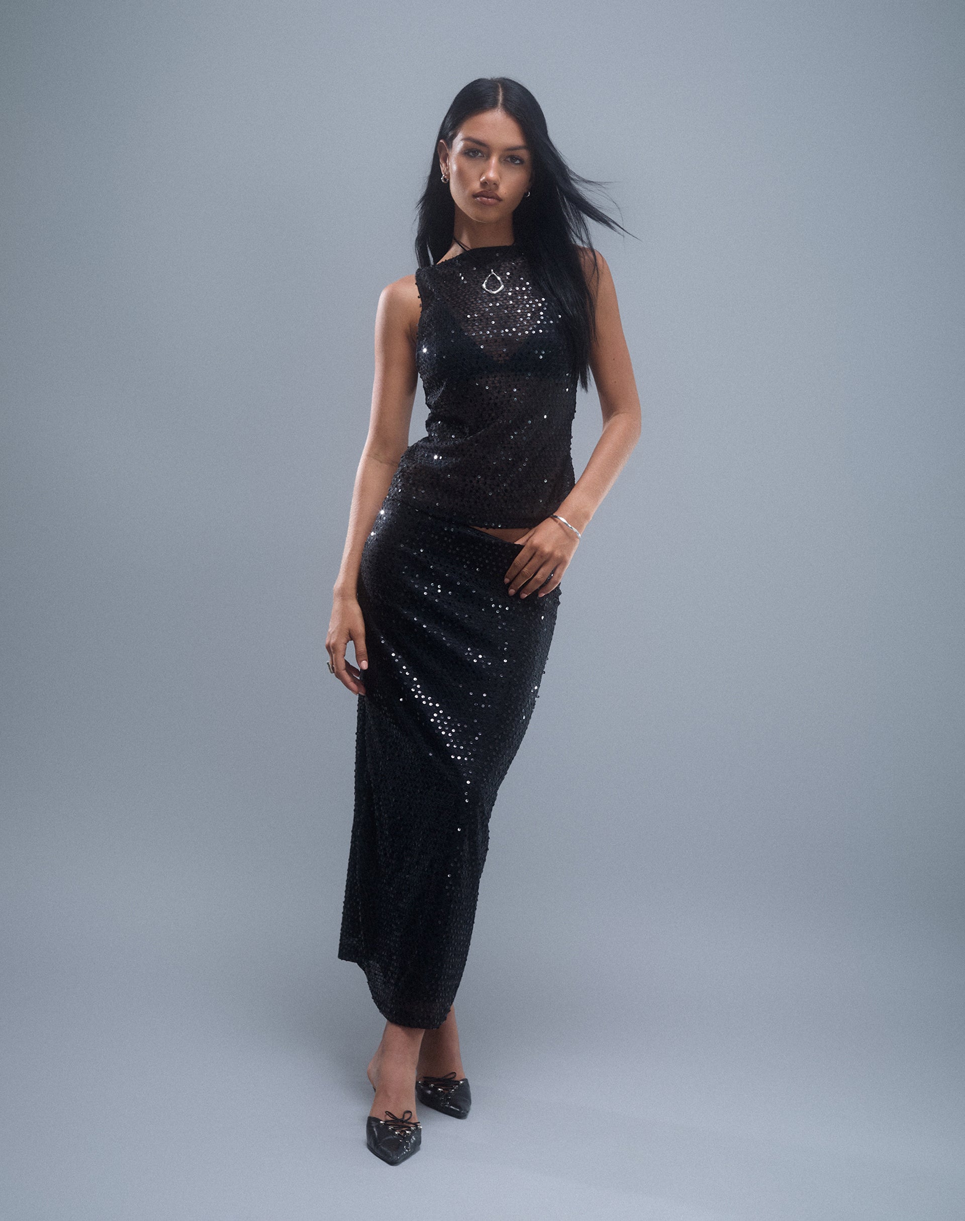 Tresha Maxi Skirt in Sequin Knit Black-Nico Sky