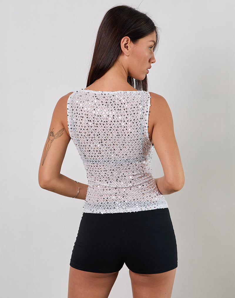 Dudley Vest Top in Sequin Knit Silver-Nico Sky