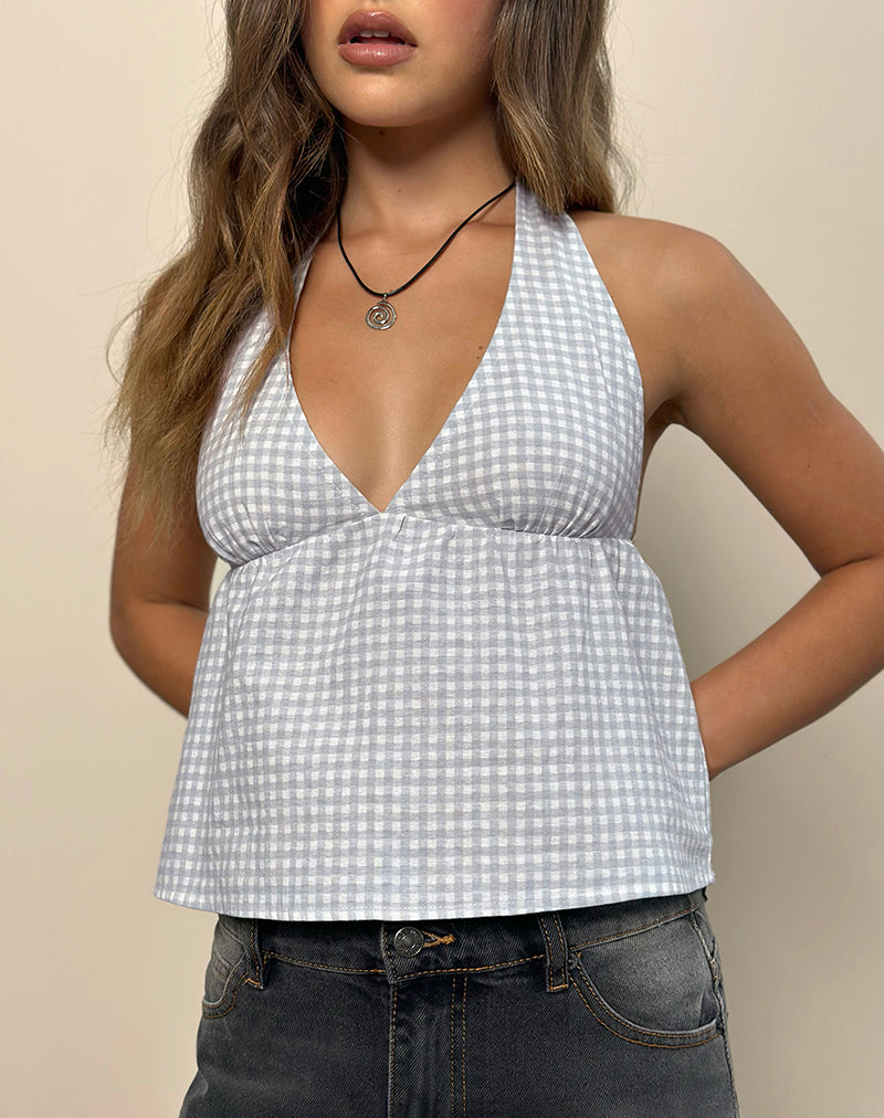 Eldana Halter Top in Mini Gingham Blue and Grey-Nico Sky