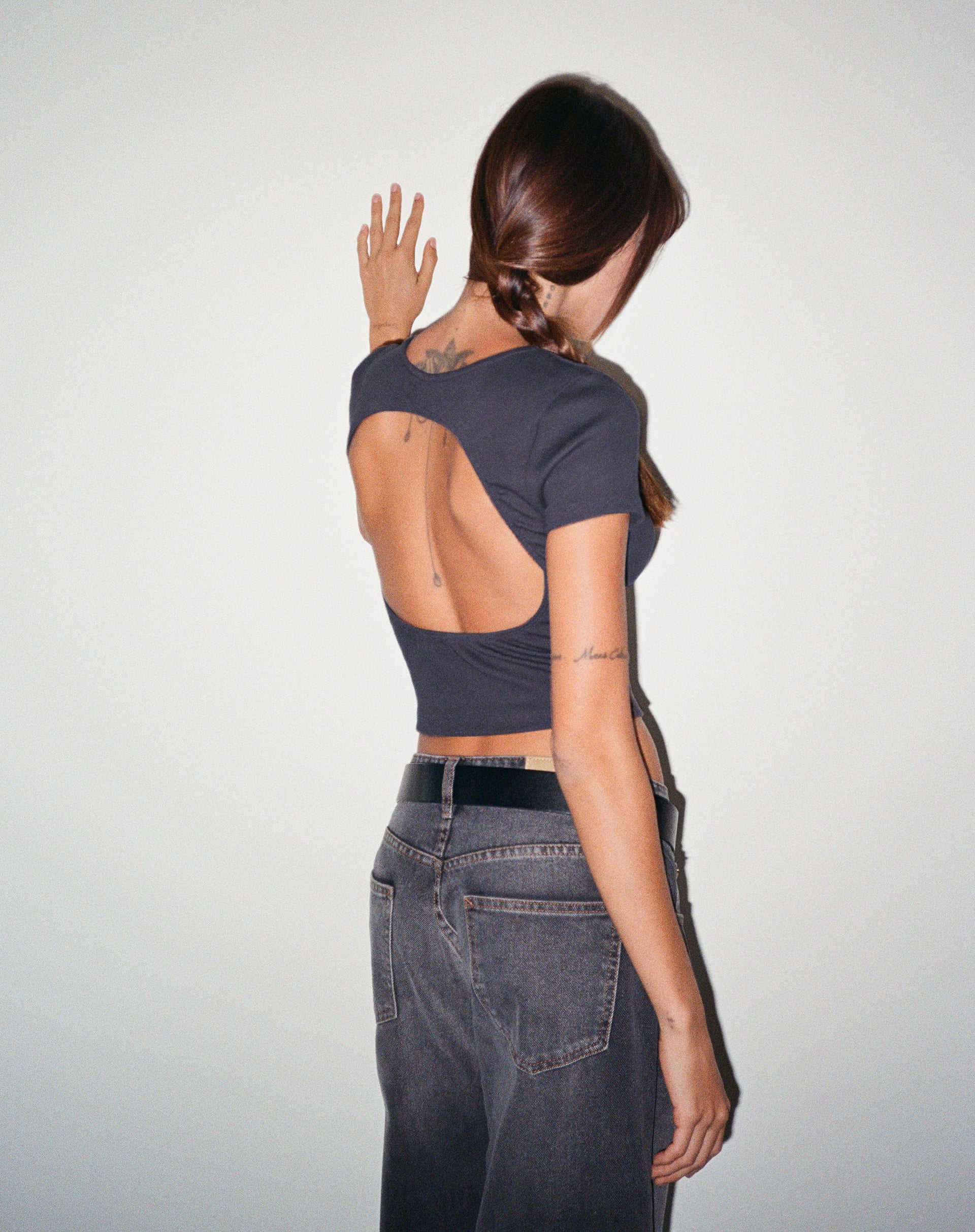 Elyto Ribbed Open Back Top in Beluga Grey-Nico Sky