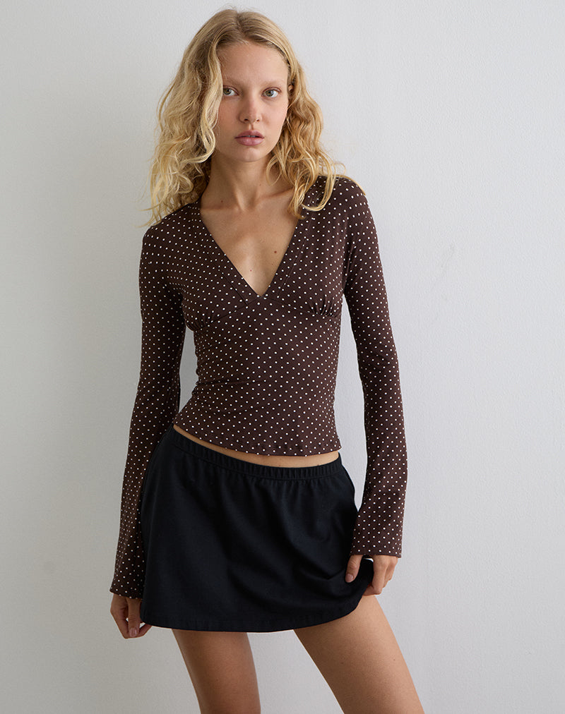 Emesy Long Sleeve Top in Micro Polka Brown-Nico Sky