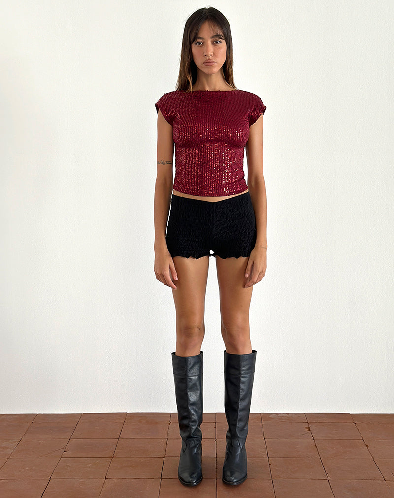 Erika Low Back Top in Gauzy Sequin Red-Nico Sky