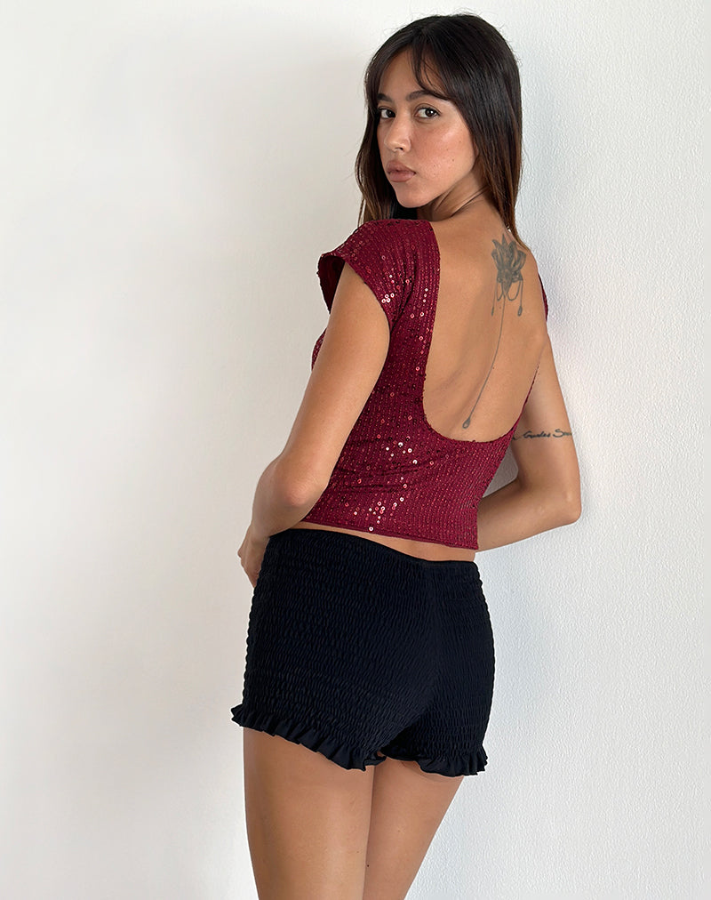 Erika Low Back Top in Gauzy Sequin Red-Nico Sky