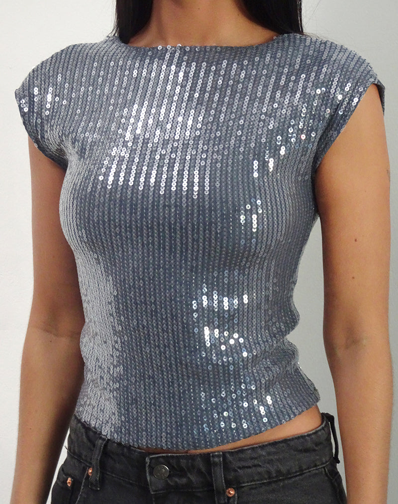 Erika Low Back Top in Shimmer Sequin Charcoal-Nico Sky
