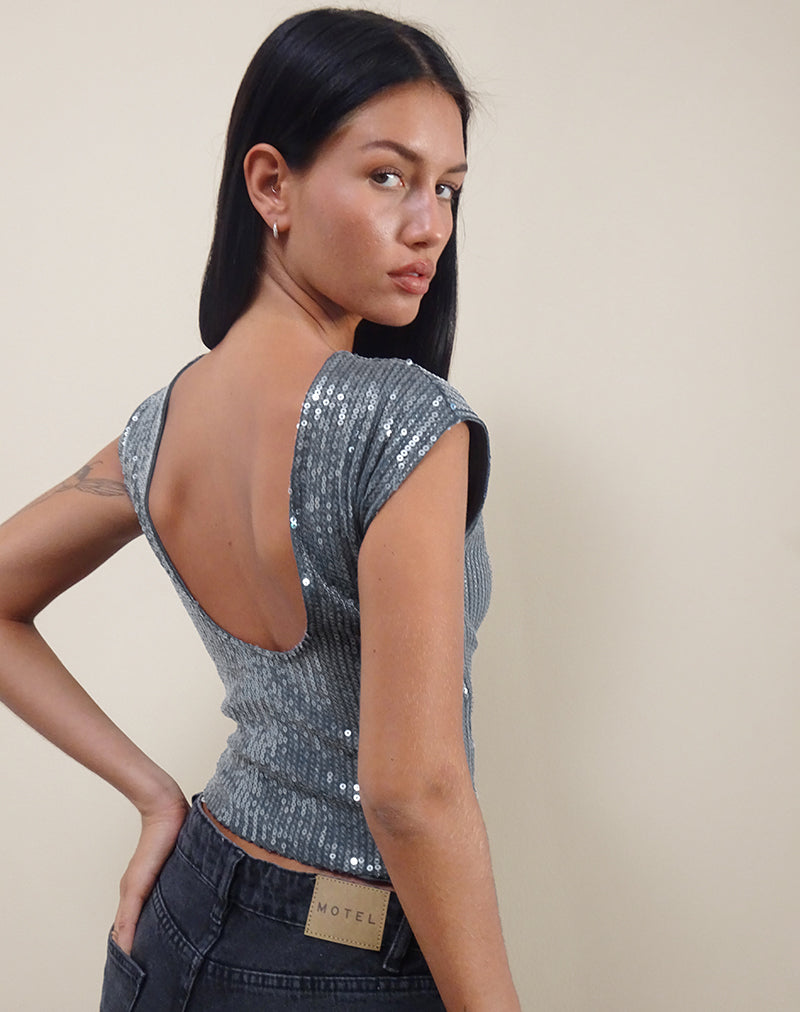 Erika Low Back Top in Shimmer Sequin Charcoal-Nico Sky