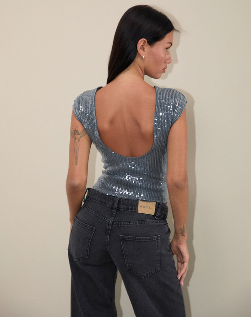 Erika Low Back Top in Shimmer Sequin Charcoal-Nico Sky