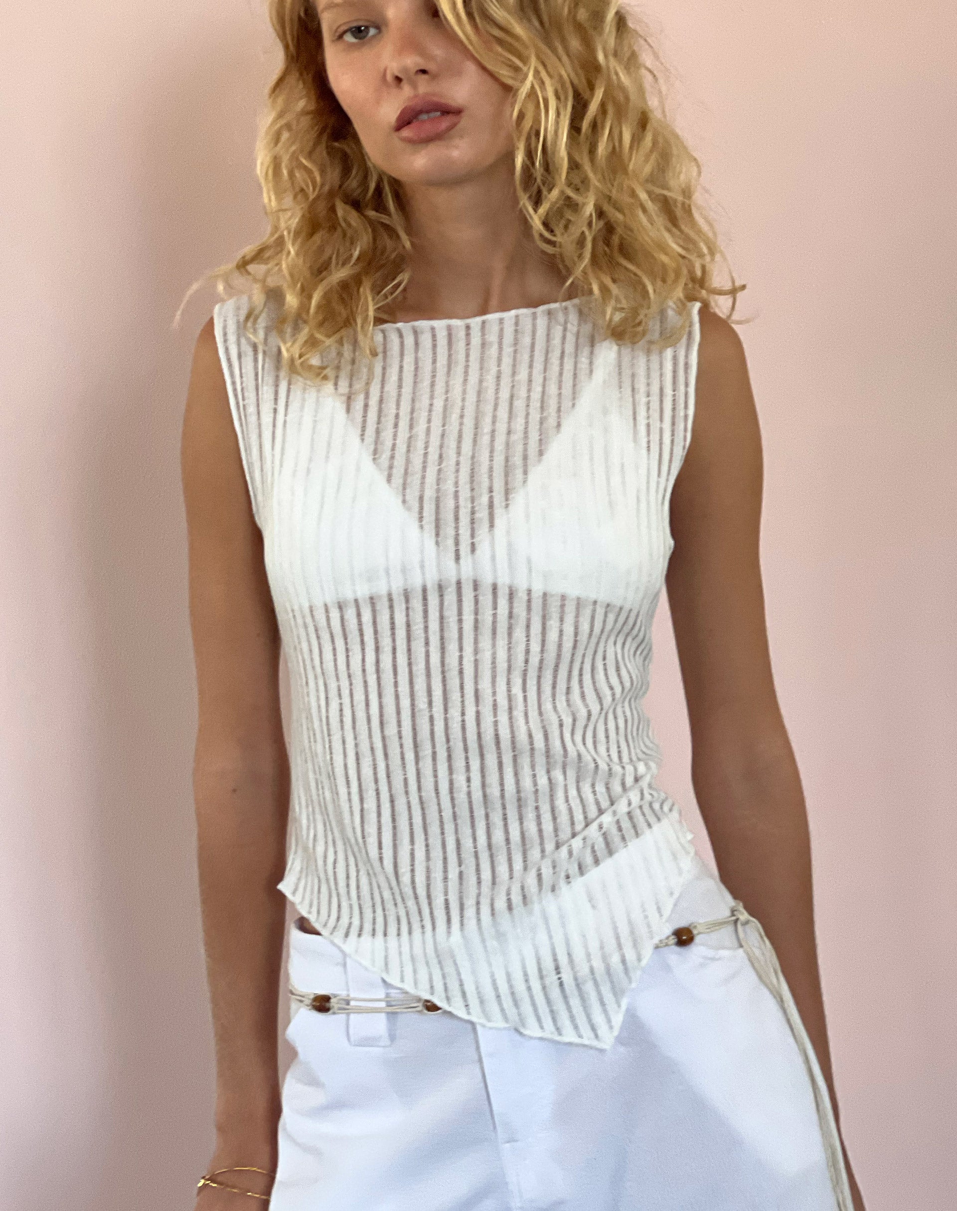 Etta Knitted Vest Top In Ivory-Nico Sky