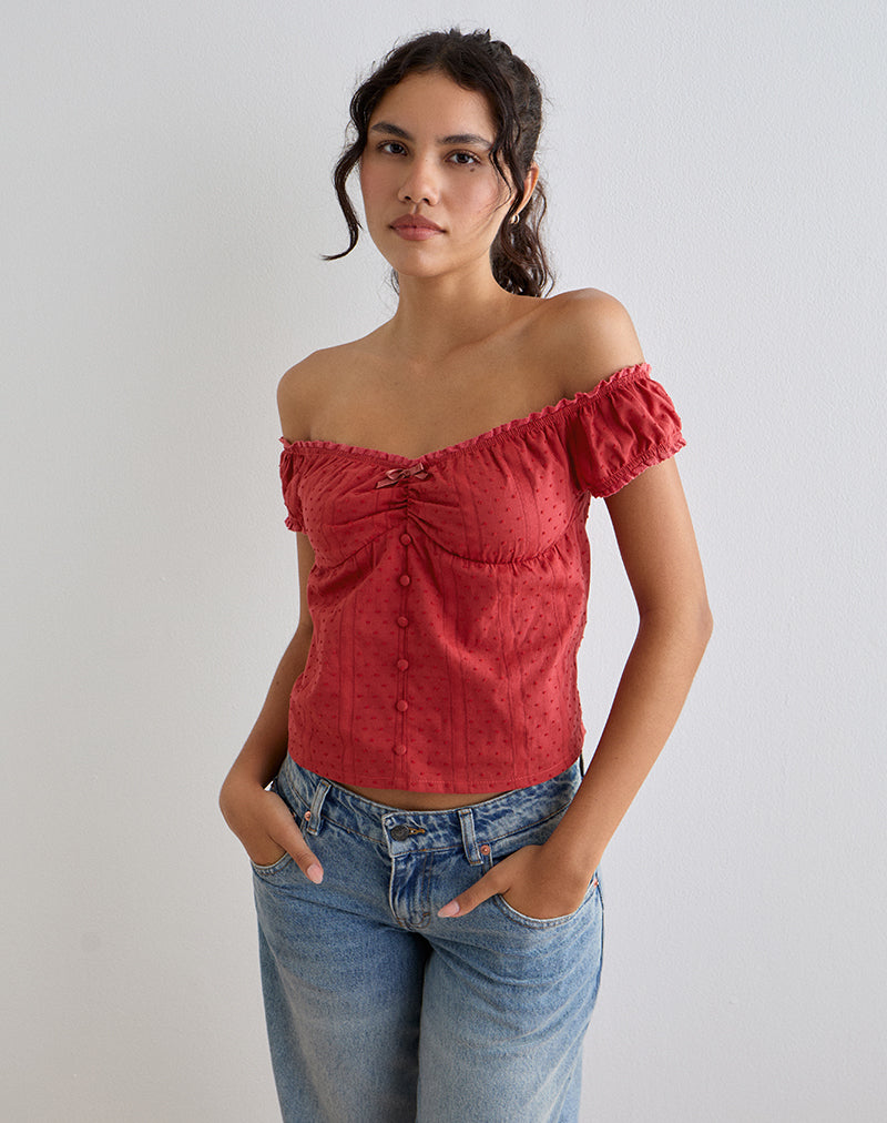 Fayra Bardot Corset Top in Dobby Red-Nico Sky