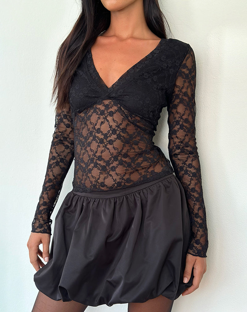 Fiore Long Sleeve Top in Black Canina Rose Lace-Nico Sky