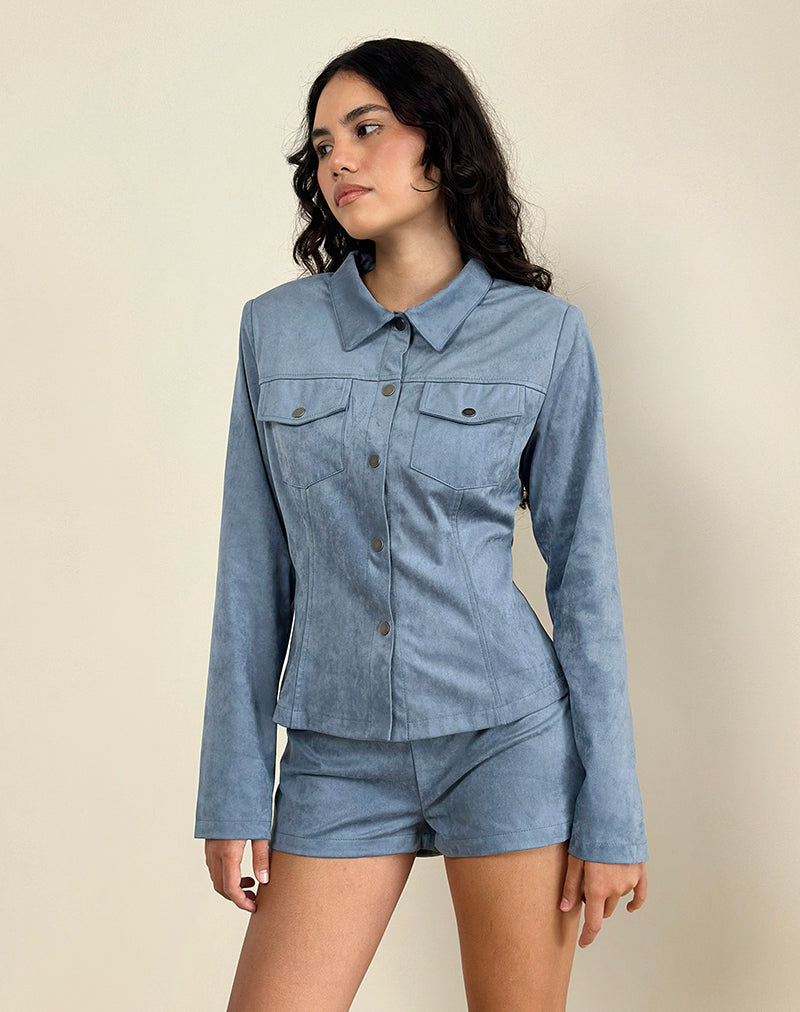 Fyodora Jacket in Suede Dusty Blue-Nico Sky