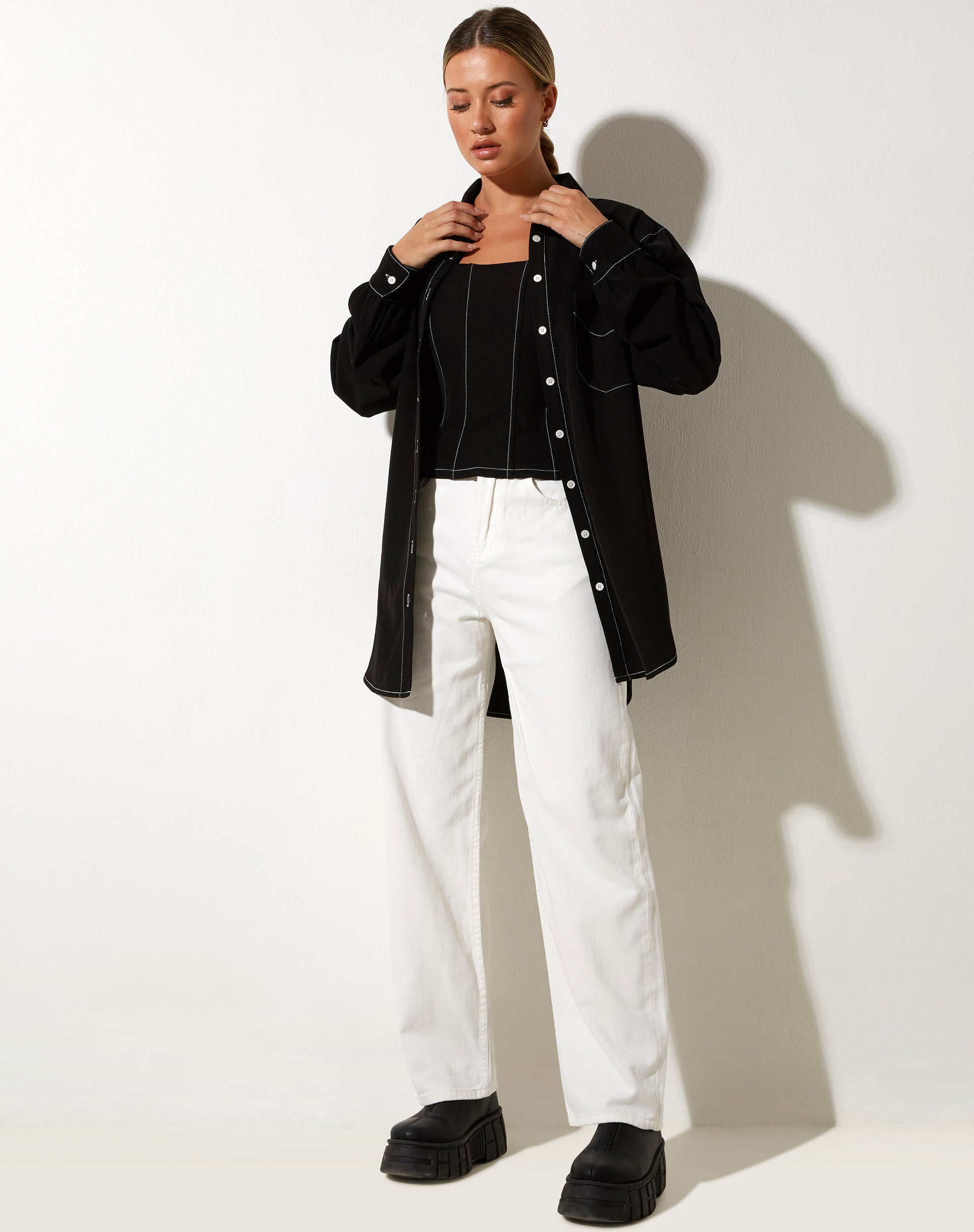 Gane Shirt in Black with White Stitch-Nico Sky