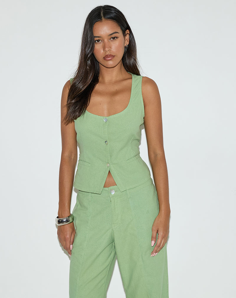 Ganita Vest in Linen Minty Green-Nico Sky