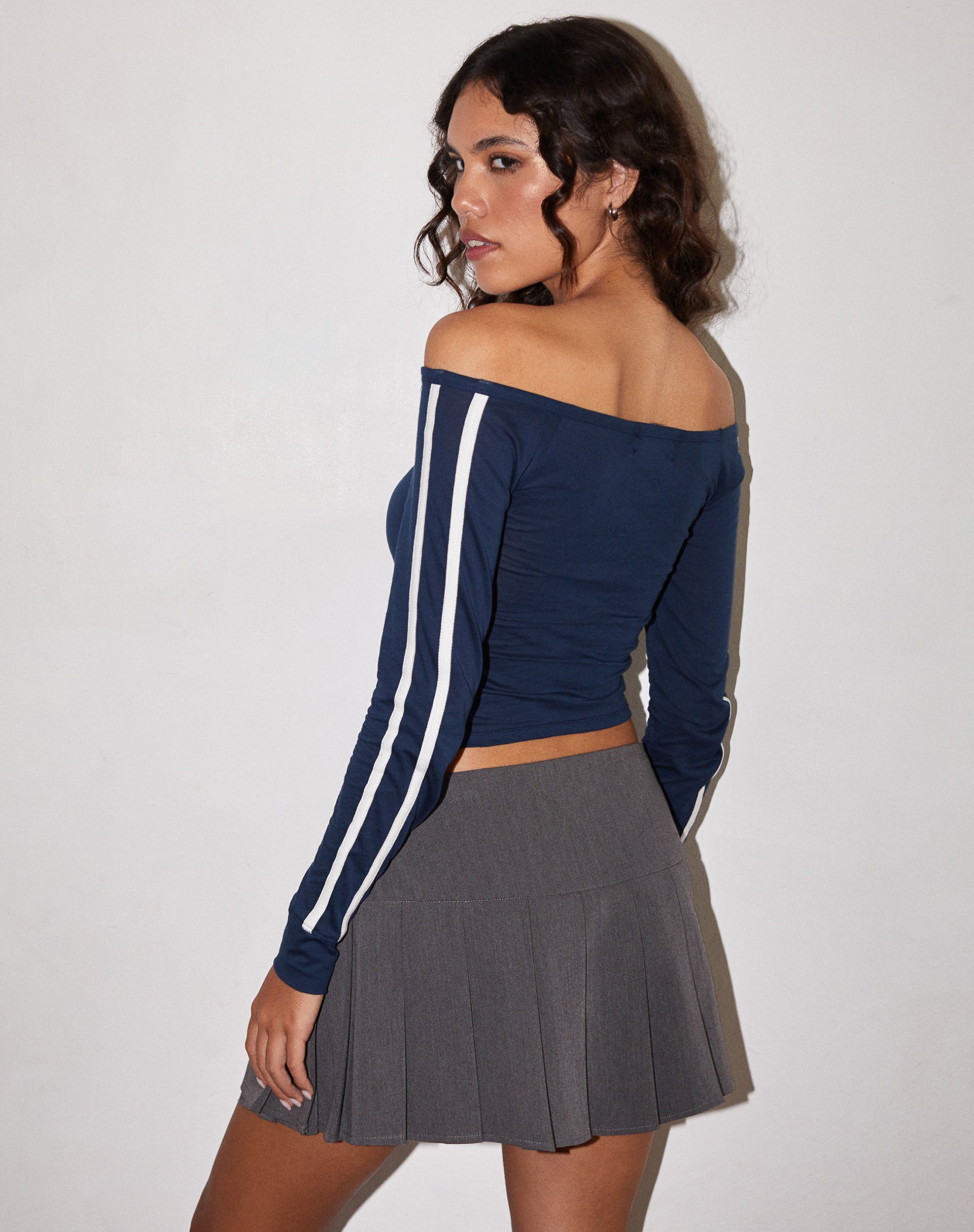 Gavya Long Sleeve Top in Navy with White Piping-Nico Sky