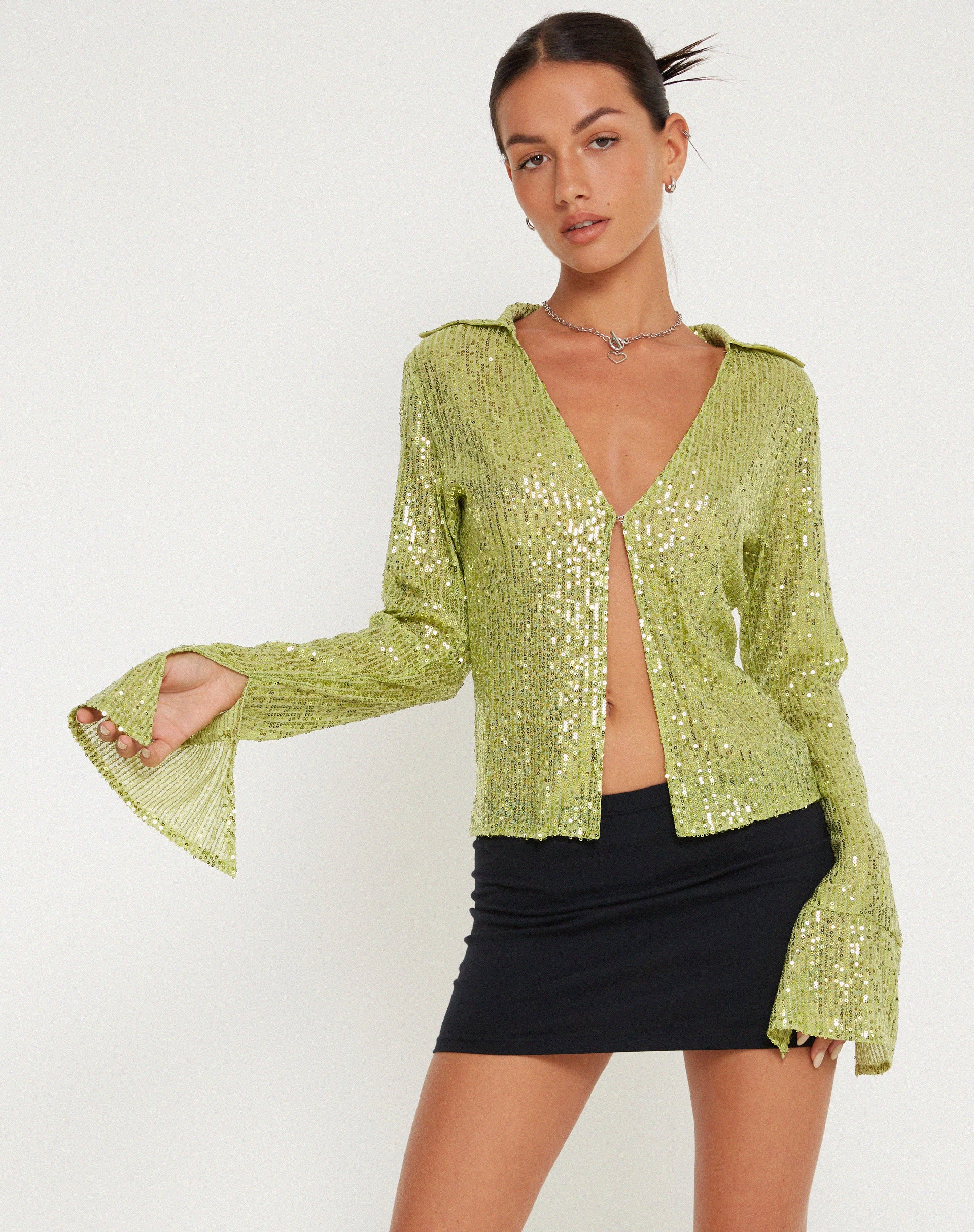 Gedza Button Top in Drape Sequin Lime Green-Nico Sky