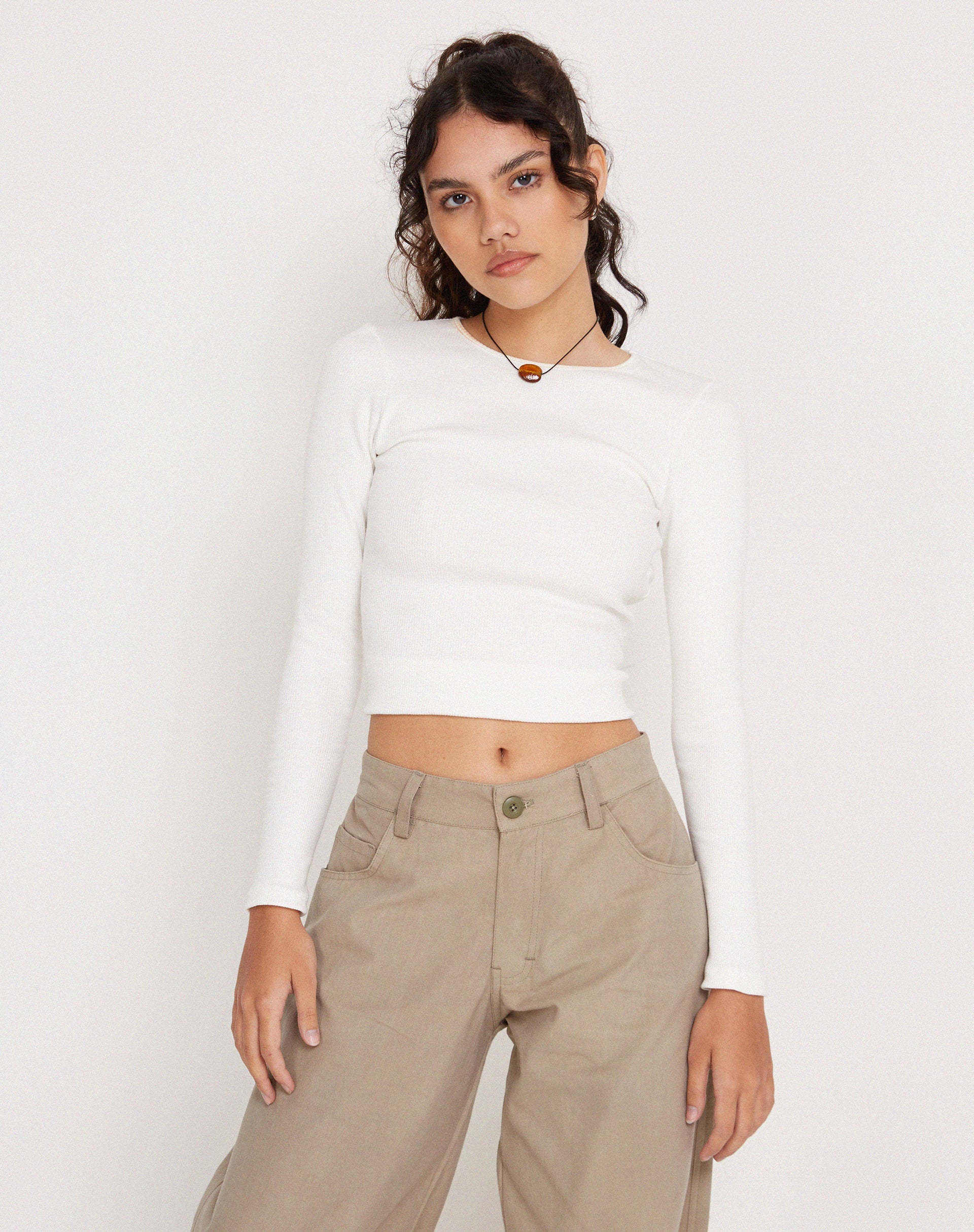 Gelbon Open Back Long Sleeve Top in Rib White-Nico Sky