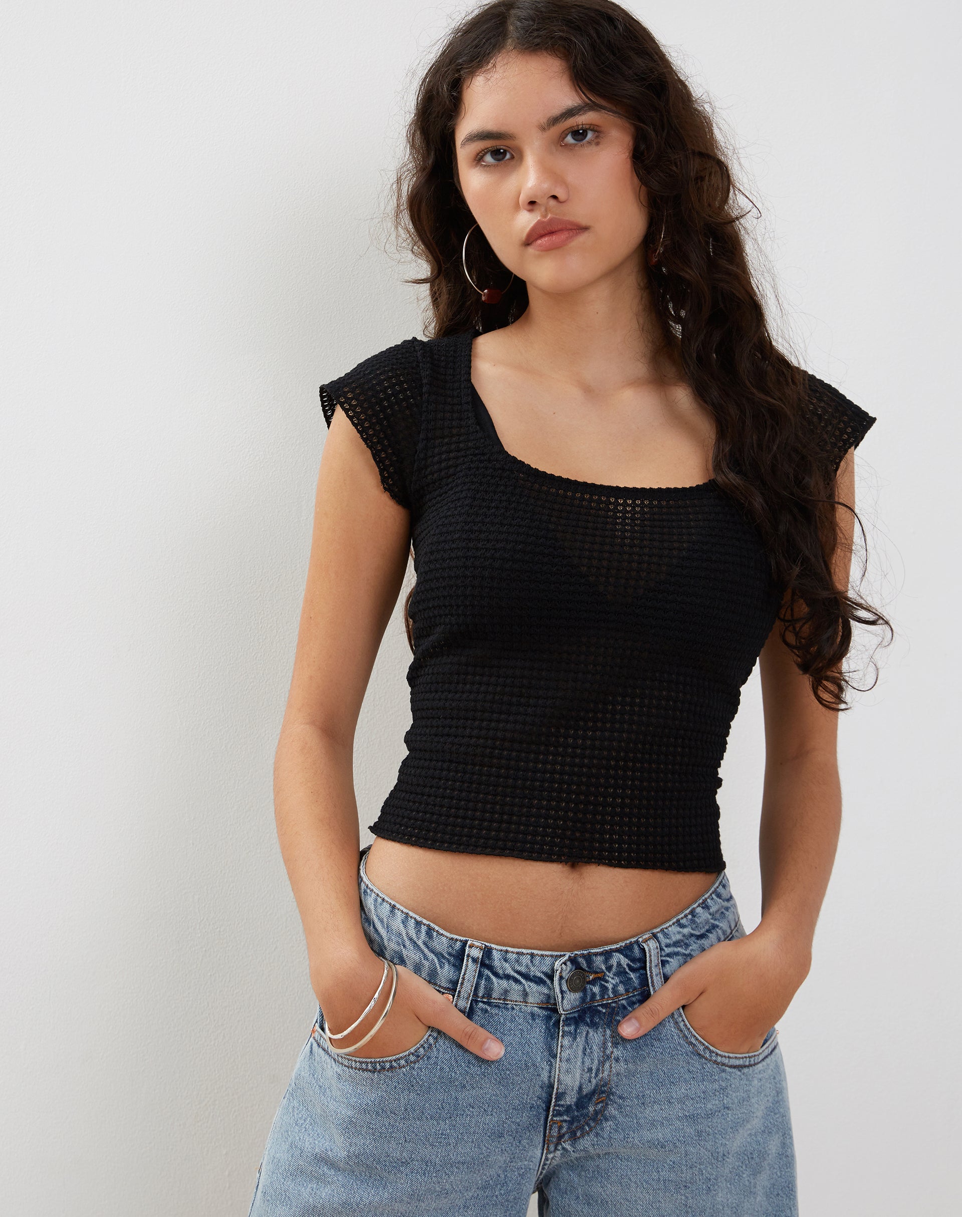 Gianina Crop Top in Black Textured Crochet-Nico Sky