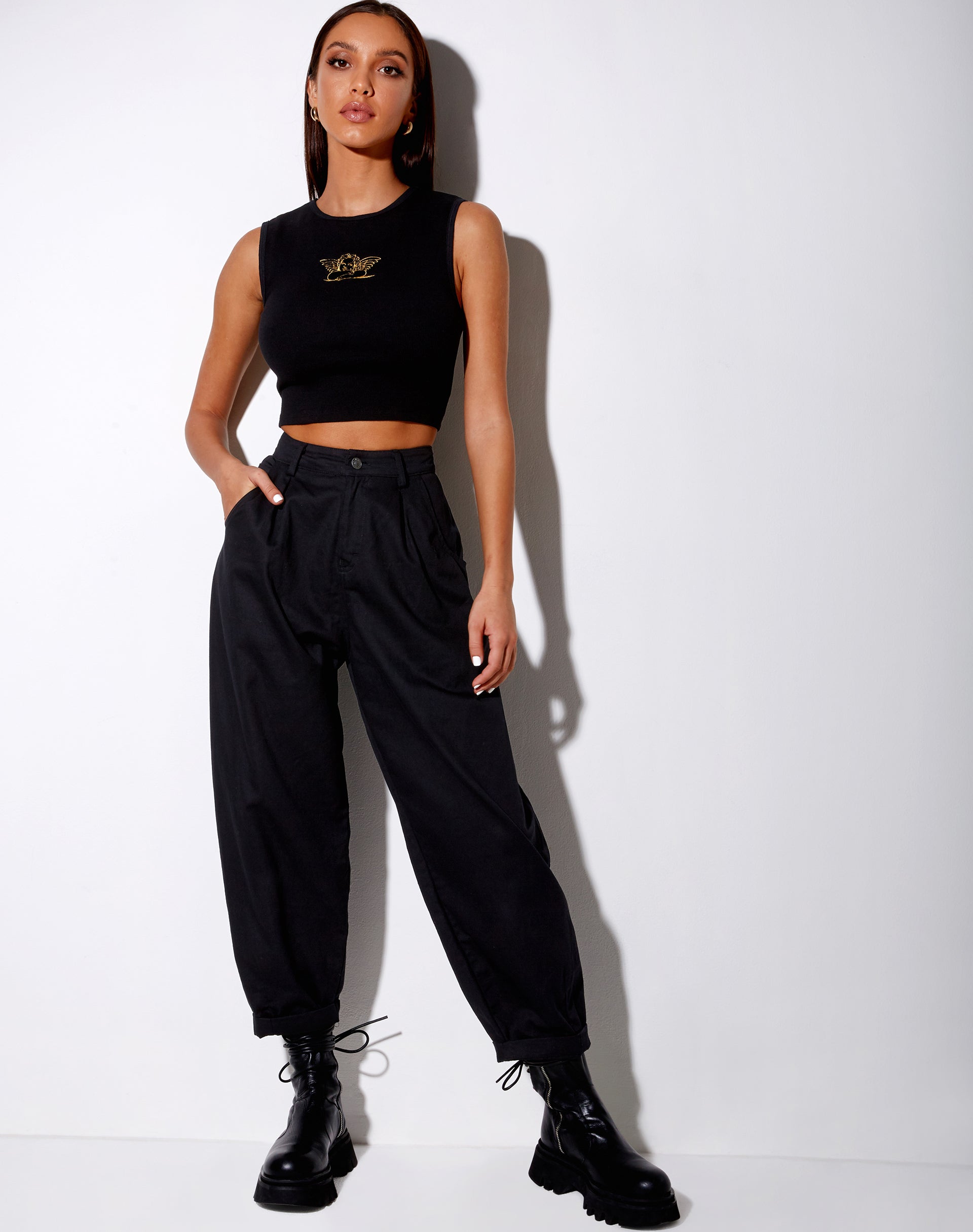 Gimon Crop Top in Rib Black Angelo Embro-Nico Sky