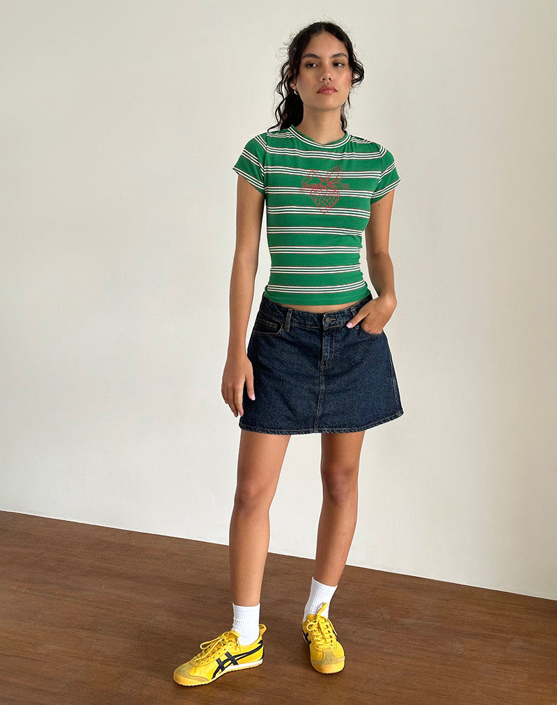 Glenda Jersey Tee in Green and White Stripe with Strawberry Motif-Nico Sky