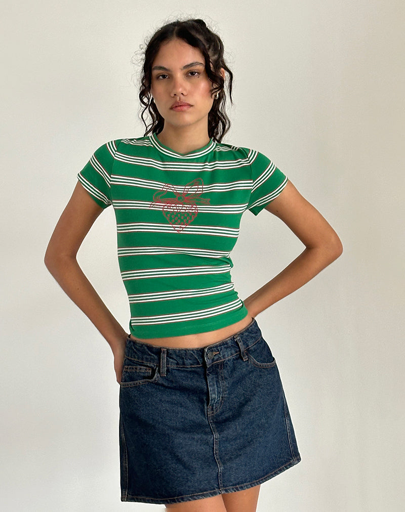 Glenda Jersey Tee in Green and White Stripe with Strawberry Motif-Nico Sky