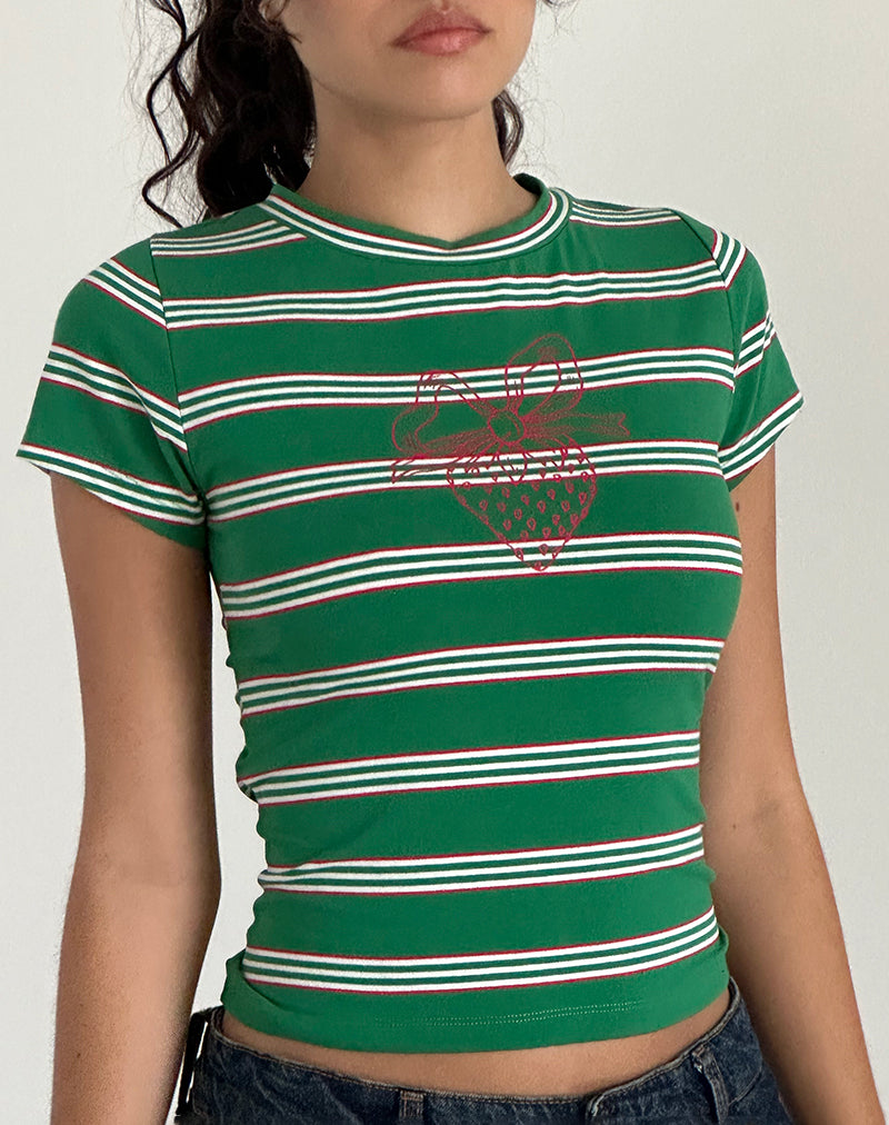 Glenda Jersey Tee in Green and White Stripe with Strawberry Motif-Nico Sky