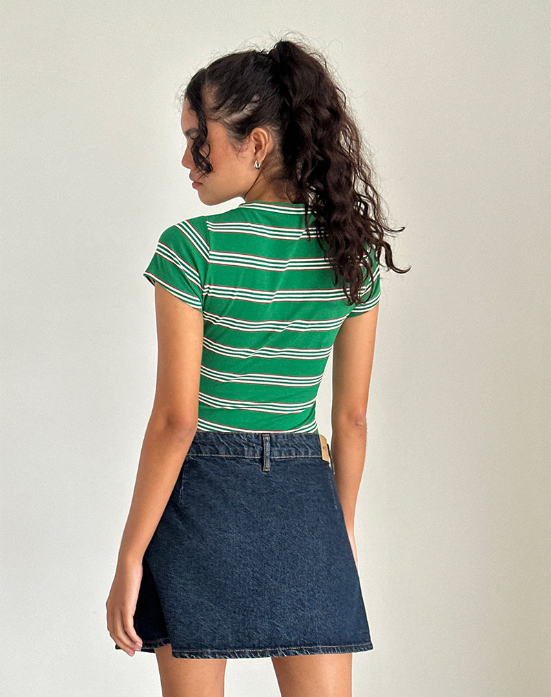 Glenda Jersey Tee in Green and White Stripe with Strawberry Motif-Nico Sky