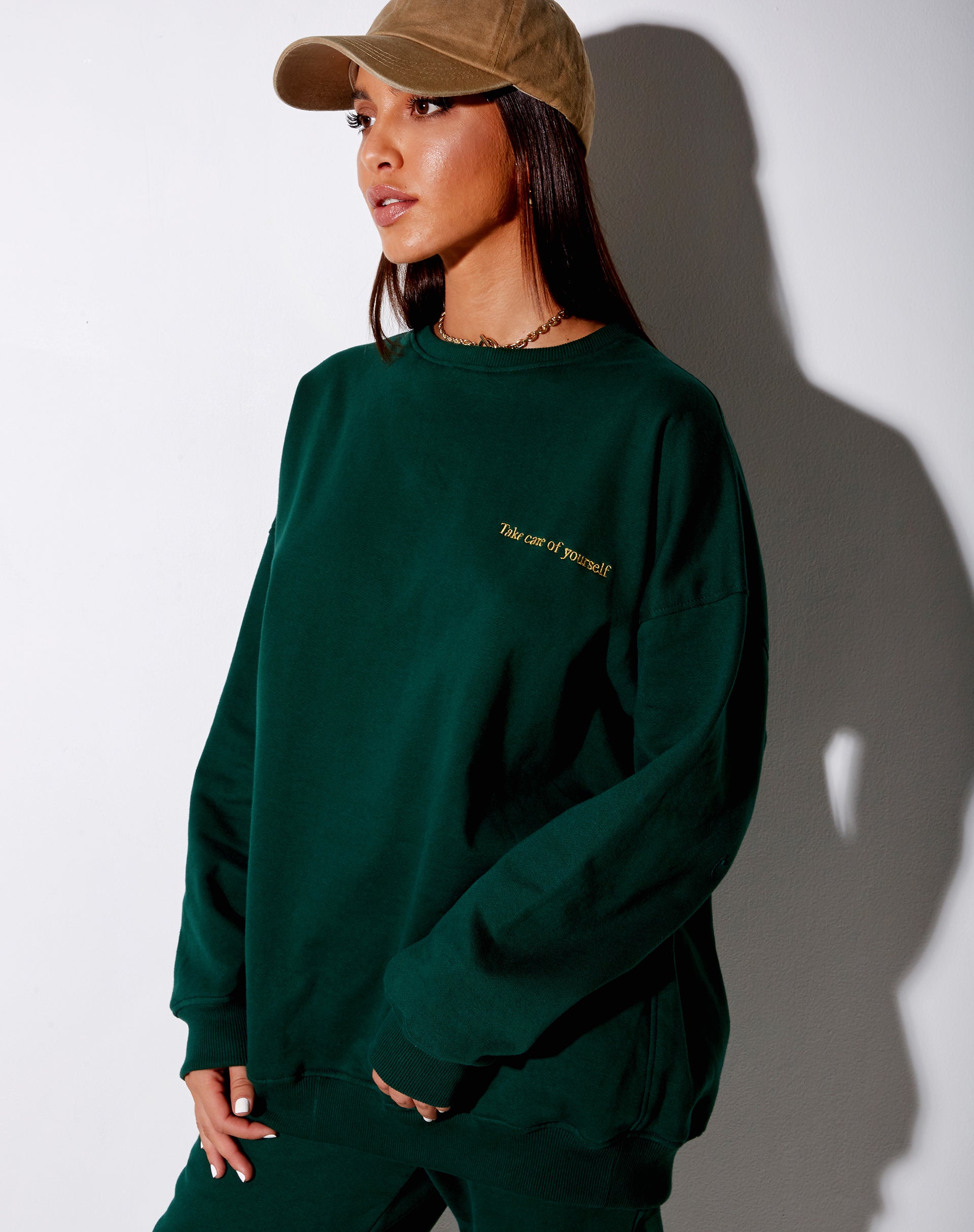 Glo Sweatshirt in Bottle Green with 'Take Care Of Yourself' Embro-Nico Sky