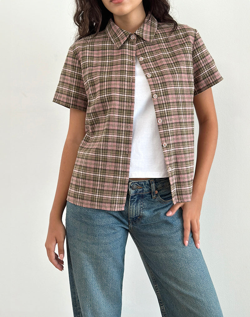 Gosanri Short Sleeve Shirt in Pink and Green Check-Nico Sky