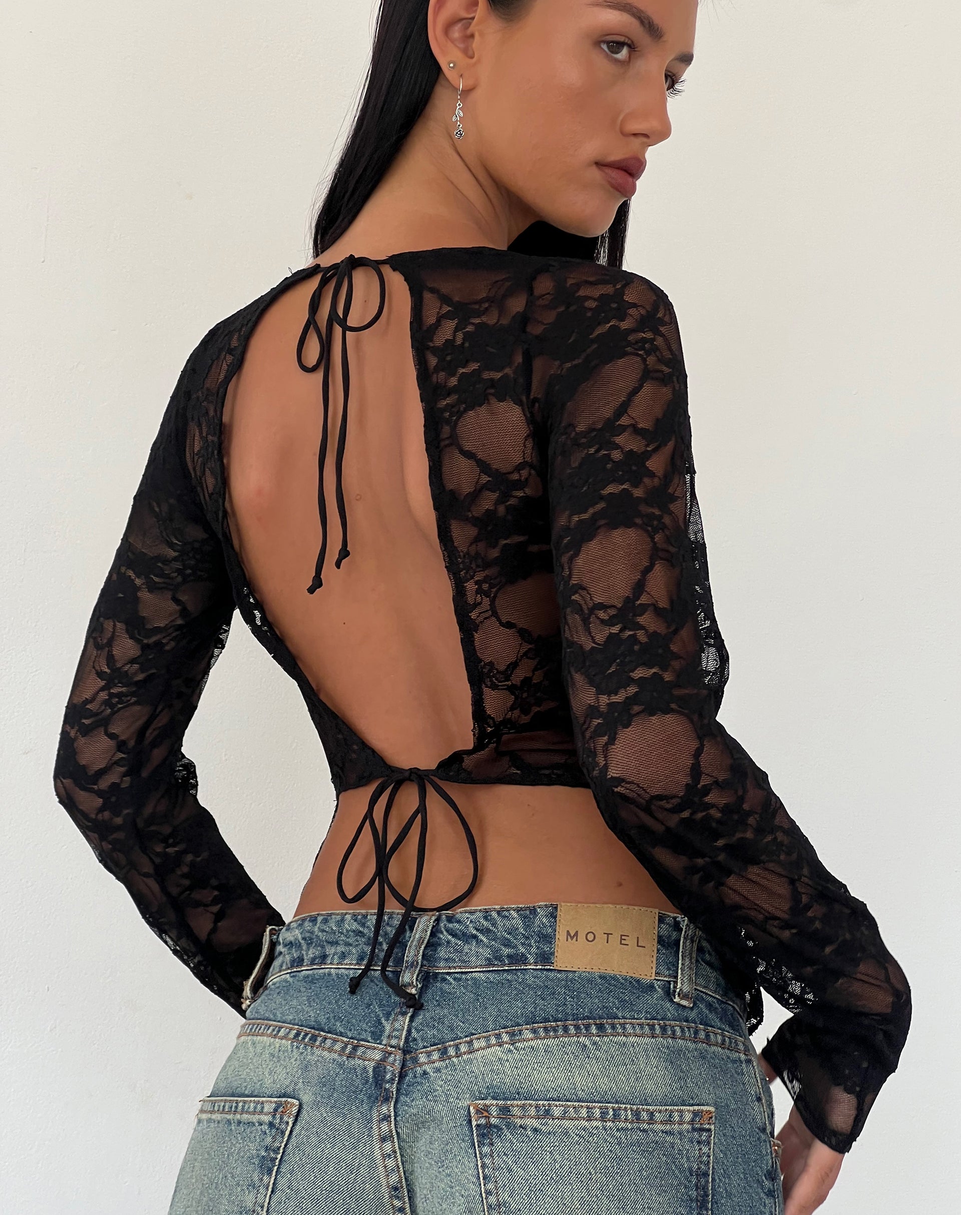 Grizelda Backless Long Sleeve Top in Black Abstract Lace-Nico Sky