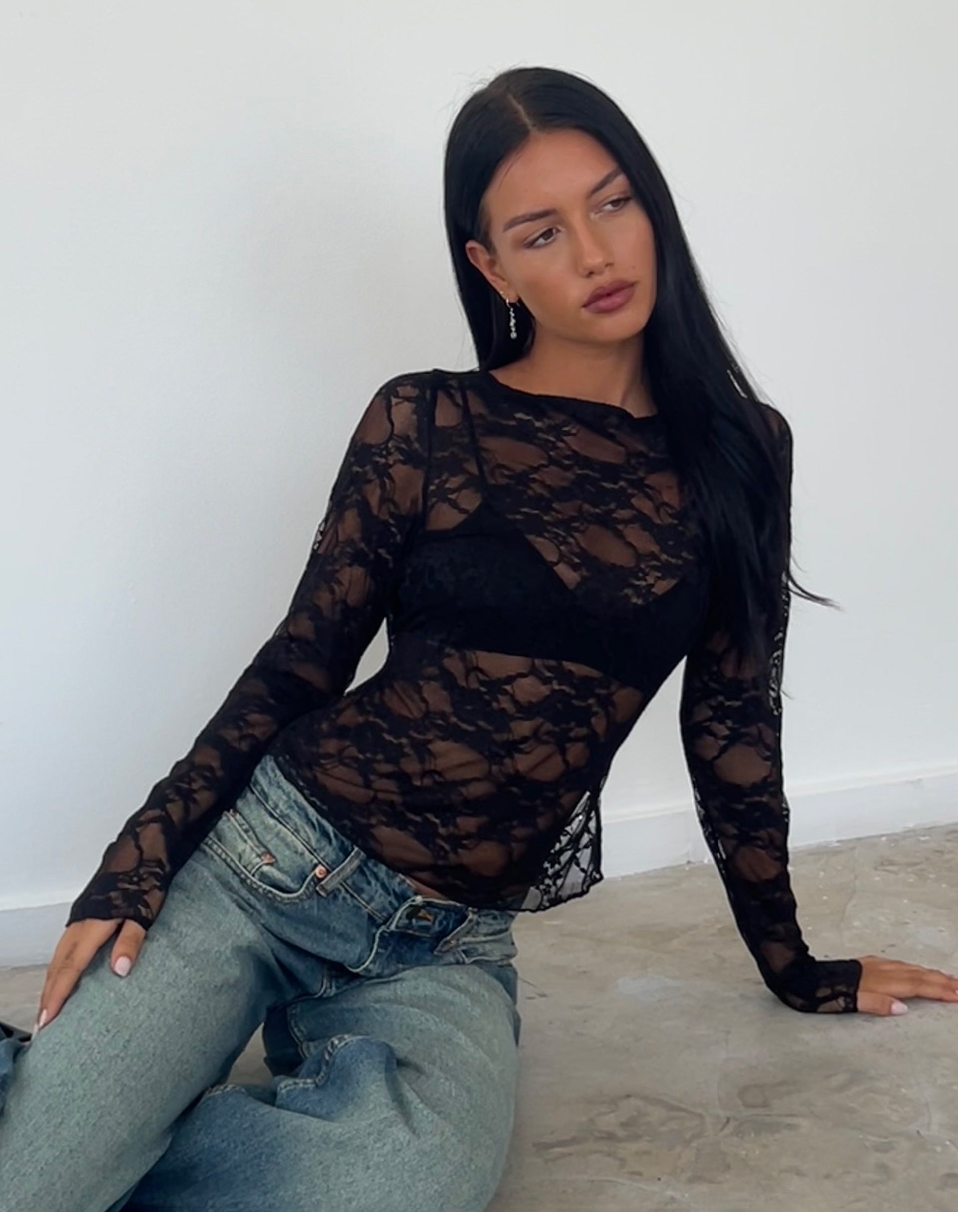 Grizelda Backless Long Sleeve Top in Black Abstract Lace-Nico Sky