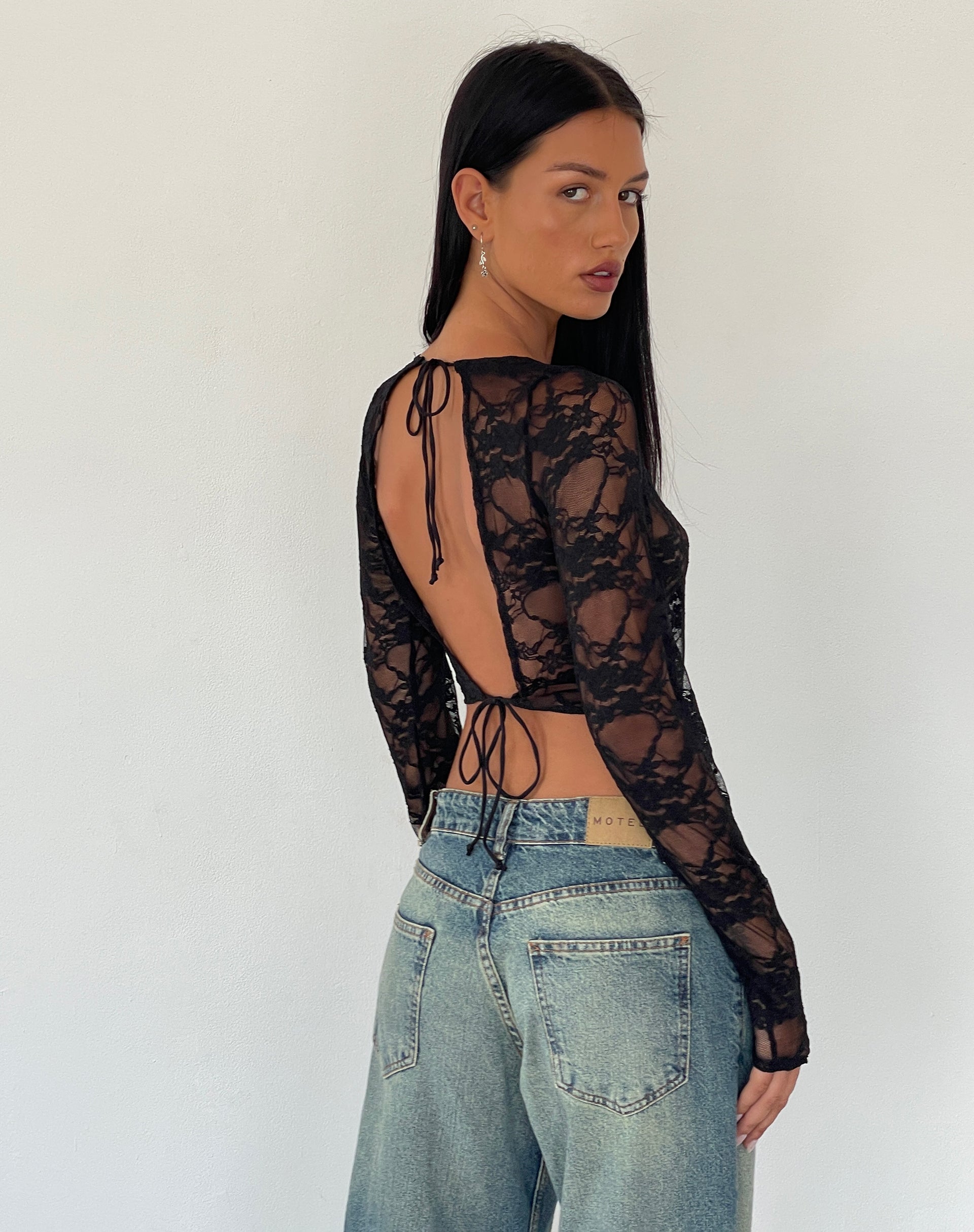 Grizelda Backless Long Sleeve Top in Black Abstract Lace-Nico Sky